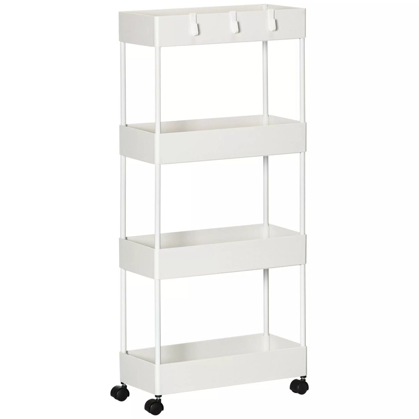 Virtuvės vežimėlis su 4 lentynomis, 4 lanksčiais kabliukais, 4 ratukais, 40 cm x 19 cm x 90 cm, siauras vežimėlis, baltas