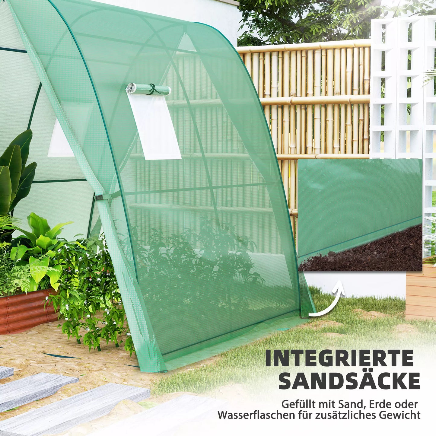 Lankinis šiltnamis su smėlio maišais ir plastikiniu uždangalu, 2 ruloninės durys, tinkliniai langai, nešiojamas, 1,8 x 1,8 x 2 m, žalias