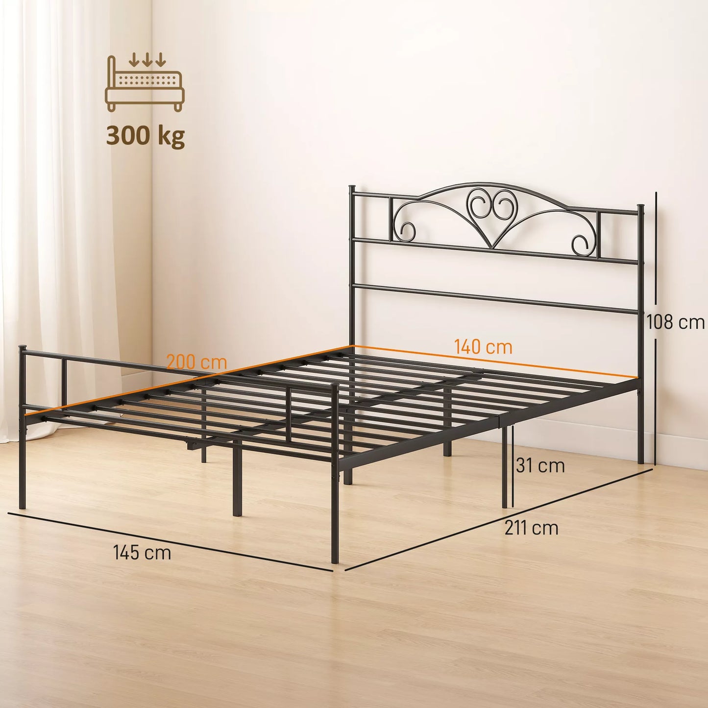 Metalinis lovos rėmas su galvūgalio dalimi, 300 kg apkrova, 145L x 211B x 106H cm, juodas