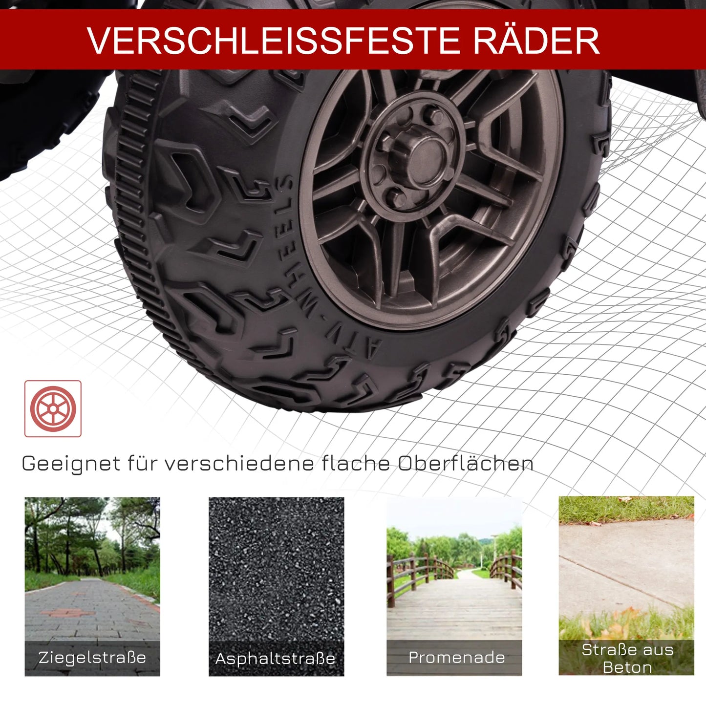 Elektrinis keturratis vaikams, maks. 4 km/val., nuo 3 metų, LED priekiniai žibintai, muzikos jungtis, juoda+raudona 88 x 45 x 50 cm