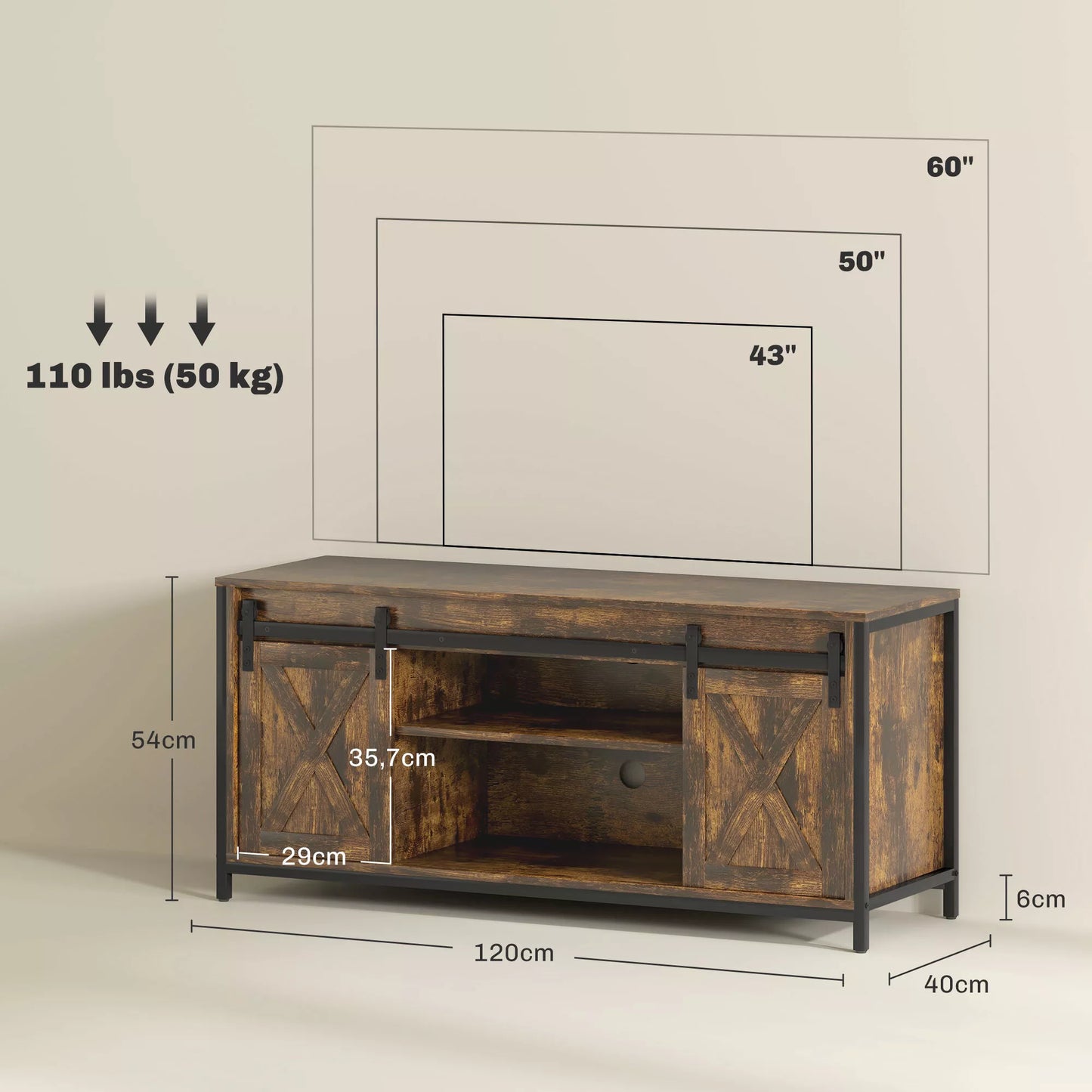 TV staliukas, pramoninio dizaino, skirta 60 colių televizoriams, 6 skyriai, 2 stumdomosios durys, ruda/juoda
