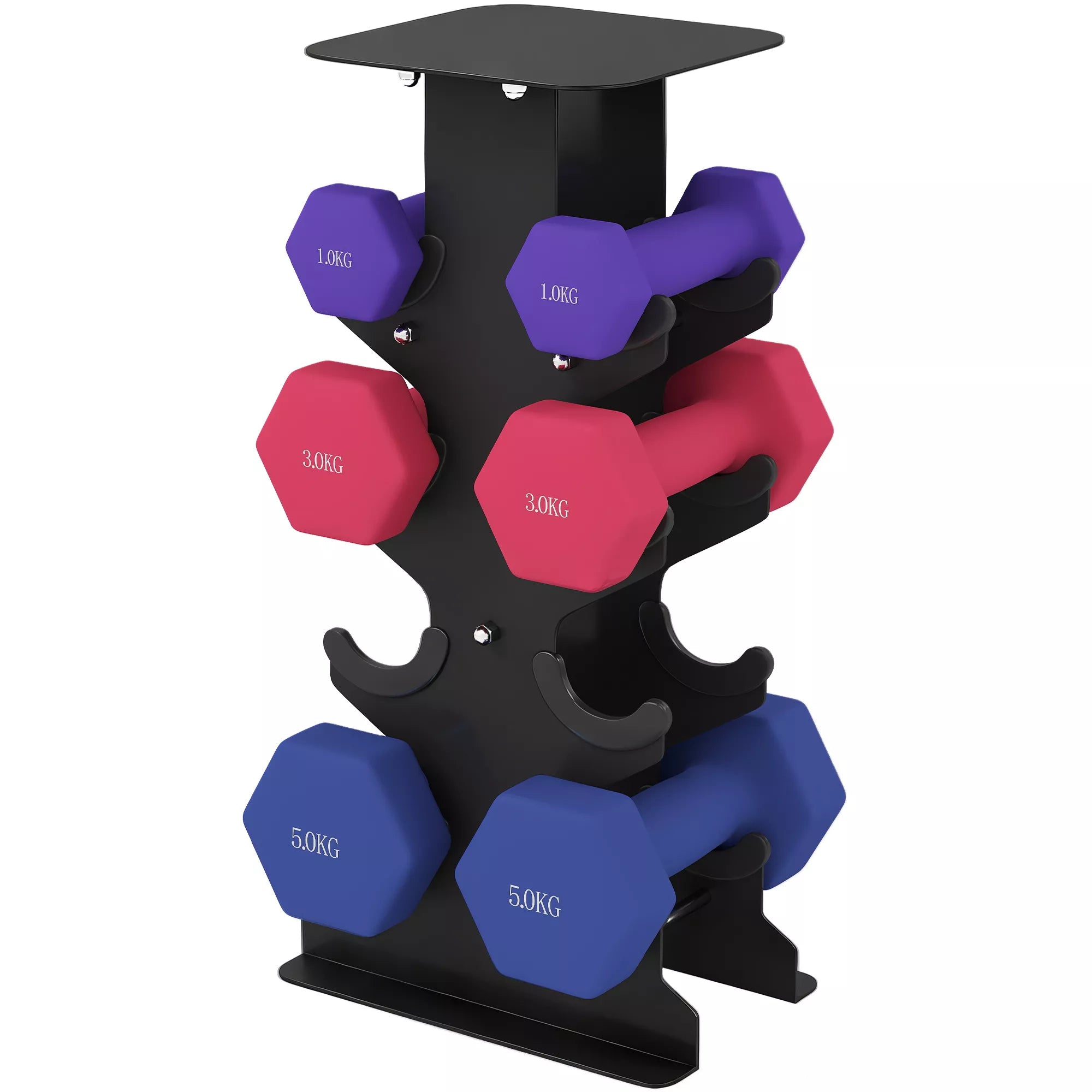 Hantelių rinkinys 3 poros hantelių su laikymo stovu, neslystantis rankena, 1–5 kg, šešiakampiai