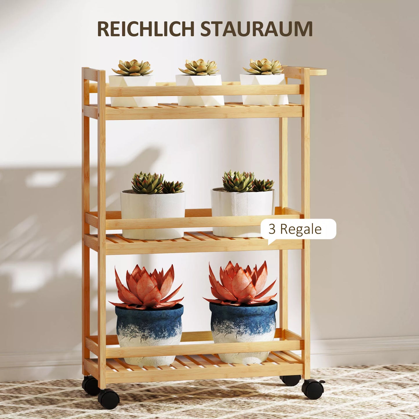 Serviravimo vežimėlis, 3 aukštai, grotelės, apsauga nuo iškritimo, bambukas, 55 x 20 x 75 cm