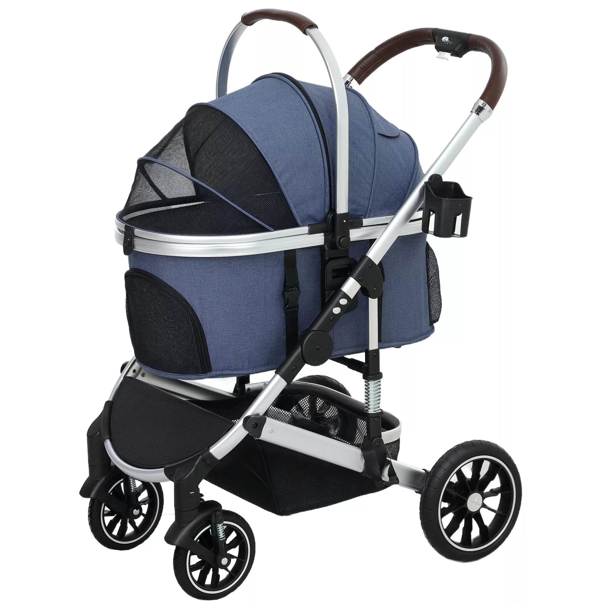 3 in 1 vežimėlis šunims ir katėms, sulankstomas, katėms iki 10 kg, su pagalvėle, puodelio laikikliu, tamsiai mėlynas