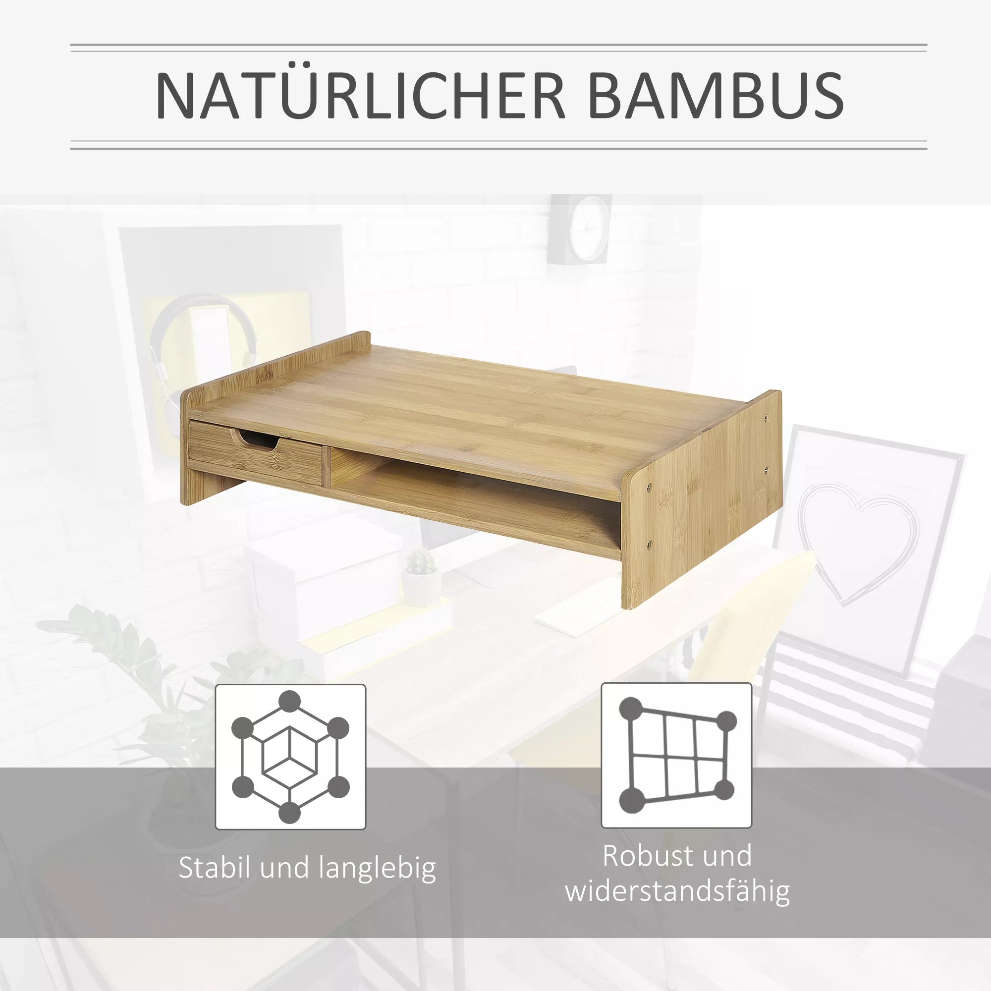 Monitorių stovas su stalčiumi Ekrano pakėlimas Monitorių stovas Ekrano stovas kompiuteriui, nešiojamam kompiuteriui, spausdintuvui 49 x 25,5 x 11,5 cm Natūralus