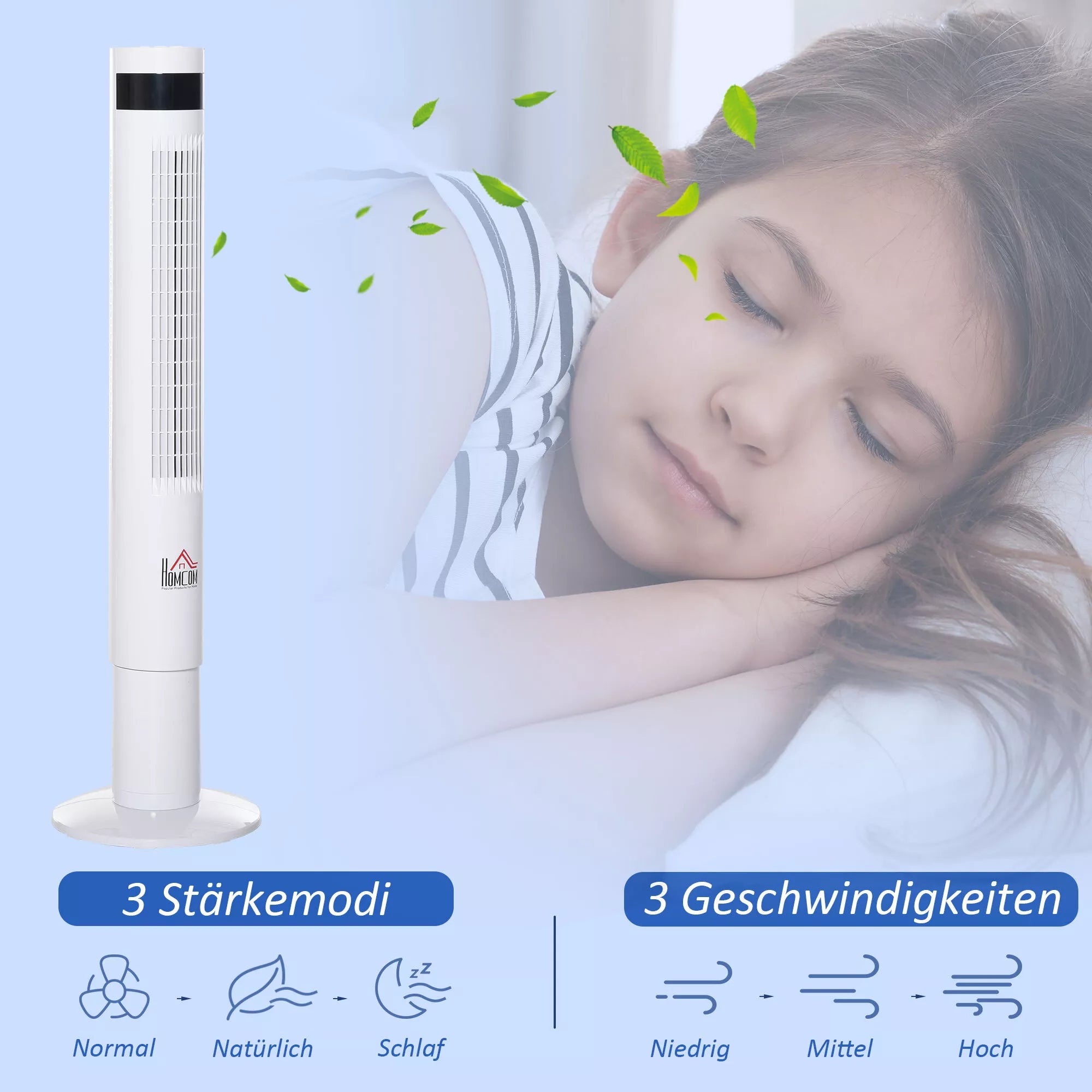 Bokštinis ventiliatorius, stovinis ventiliatorius su 3 ventiliacijos greičiais, nuotolinio valdymo pultas, 50 W ventiliatorius su 12 val. laikmačiu, LCD ekranas, 85° svyravimas, miegamajam, baltas