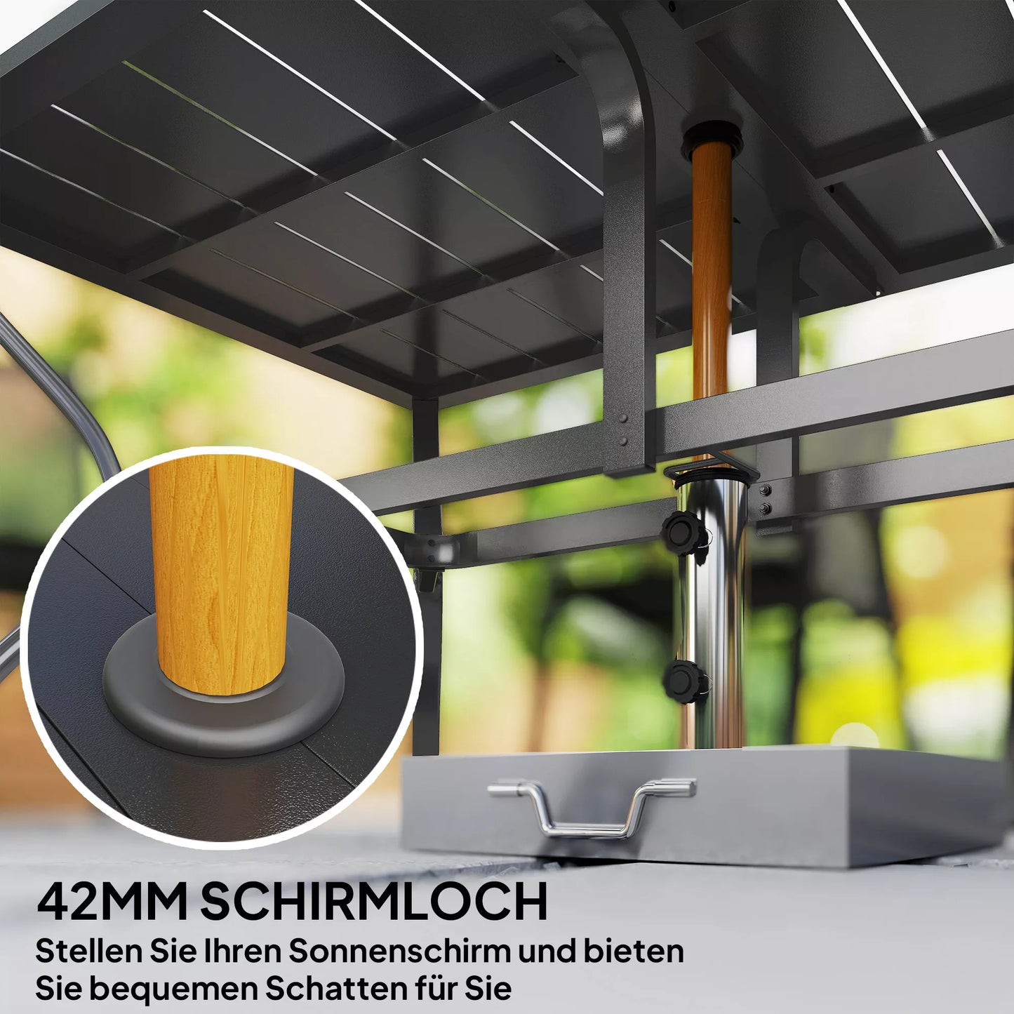 Sodo stalas 150x90 cm, atsparus oro sąlygoms, balkono stalas su skėčio anga, lamelinis dizainas, 6 žmonėms, juodas