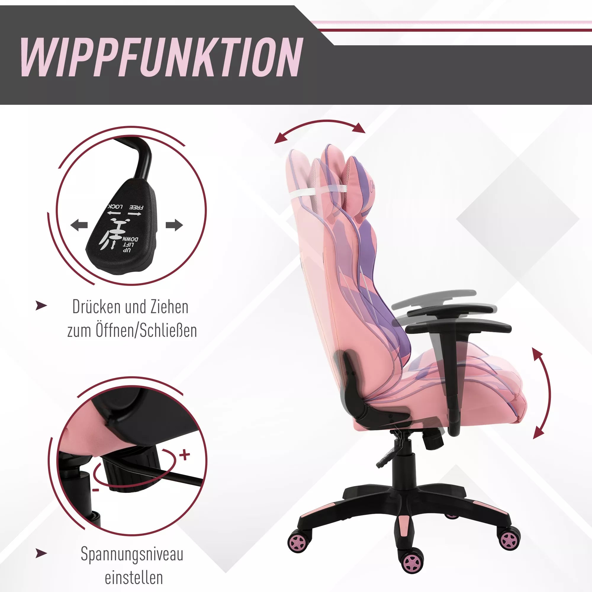 Ergonomiška žaidimų kėdė, biuro kėdė, sukamoji kėdė su reguliuojama masažine juosmens atrama, aukščio reguliavimo, rožinė ir violetinė, 69x56x125,5 cm