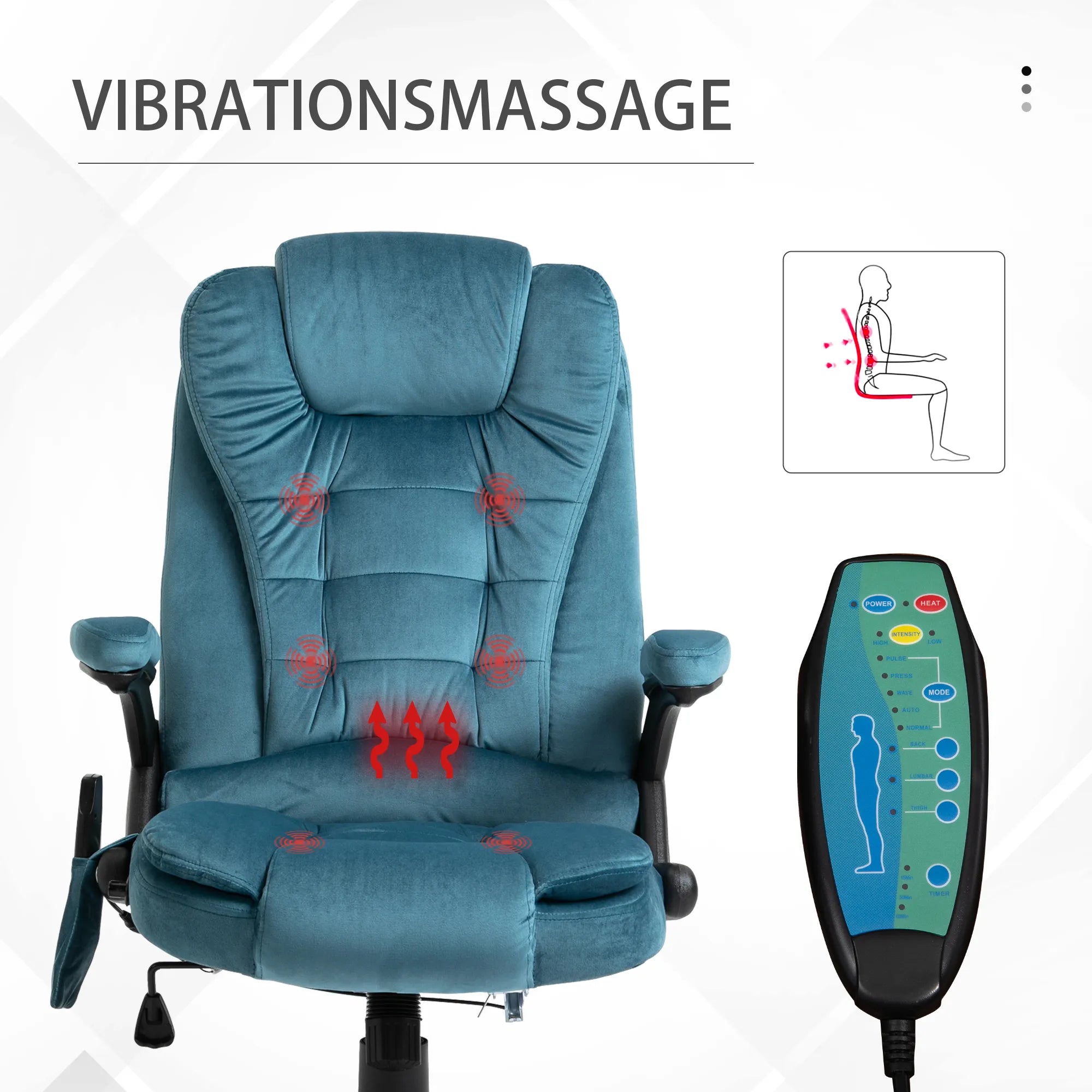 Biuro kėdė, masažinė, su šildymo funkcija, vadybininko kėdė su masažu, aukščio reguliavimo ergonomiška žaidimų kėdė, mėlyna, 68 x 72 x 110–120 cm
