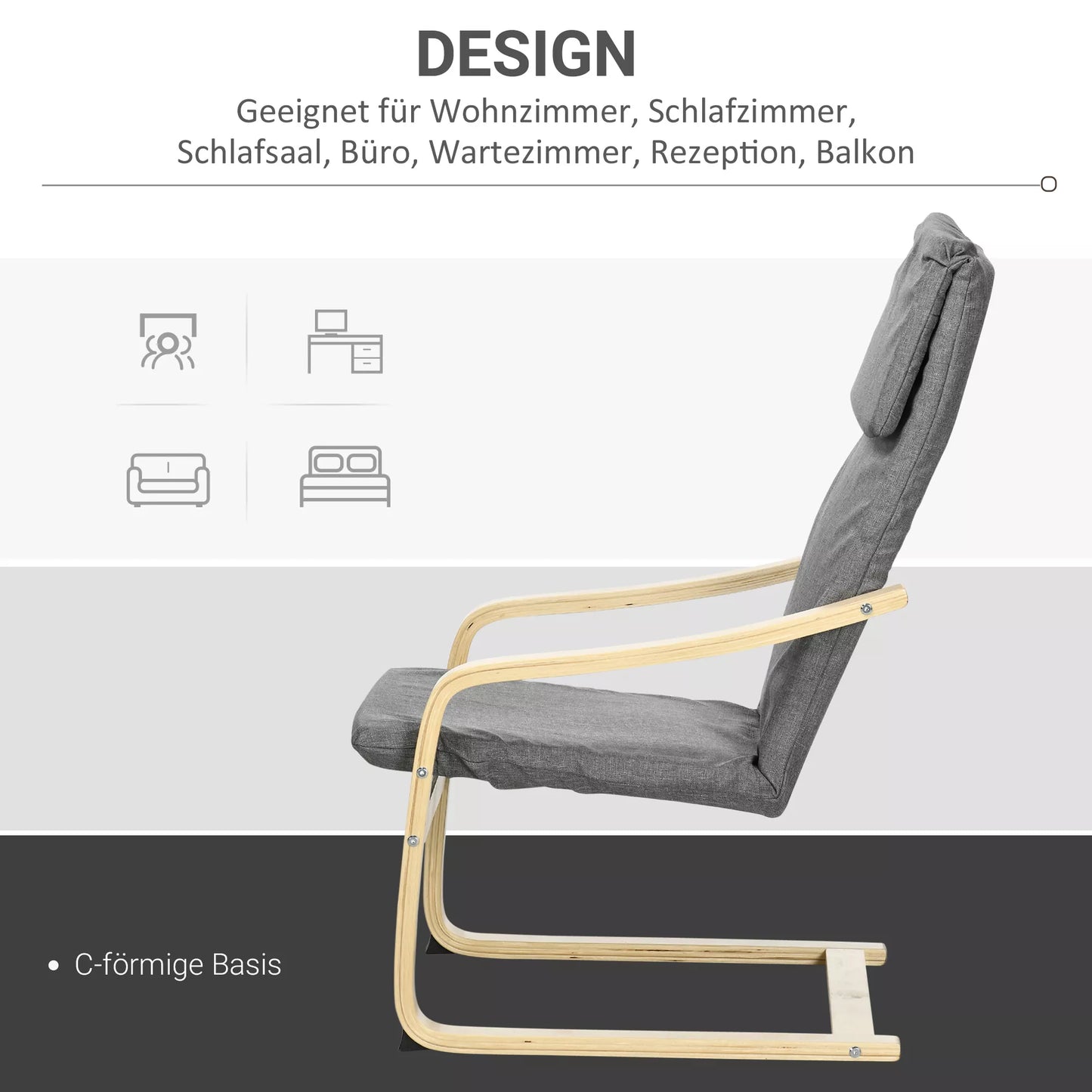 Fotelis su galvos atrama ir porankiais, apmušalas su lininės išvaizdos, medinis rėmas, pilka + natūrali