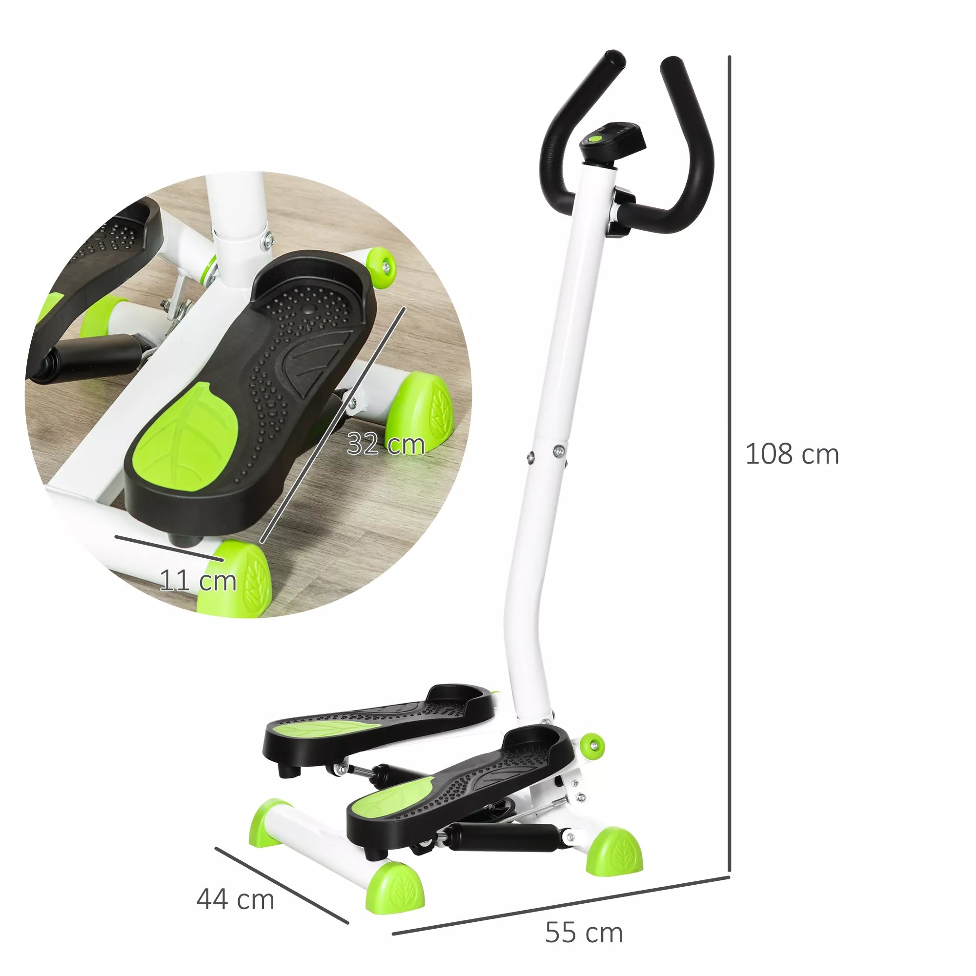 Fitness Stepperis treniruoklis, su LCD monitoriumi, neslystančiais pedalais, pagamintas iš plieno ir ABS, 55x44x108 cm, žalias+juodas