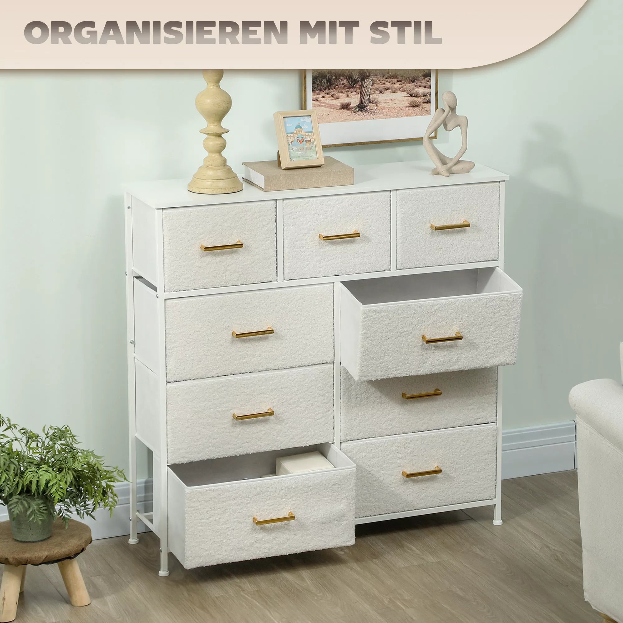 Medinė komoda, 9 stalčiai, plieninis rėmas, elegantiška, universali, balta