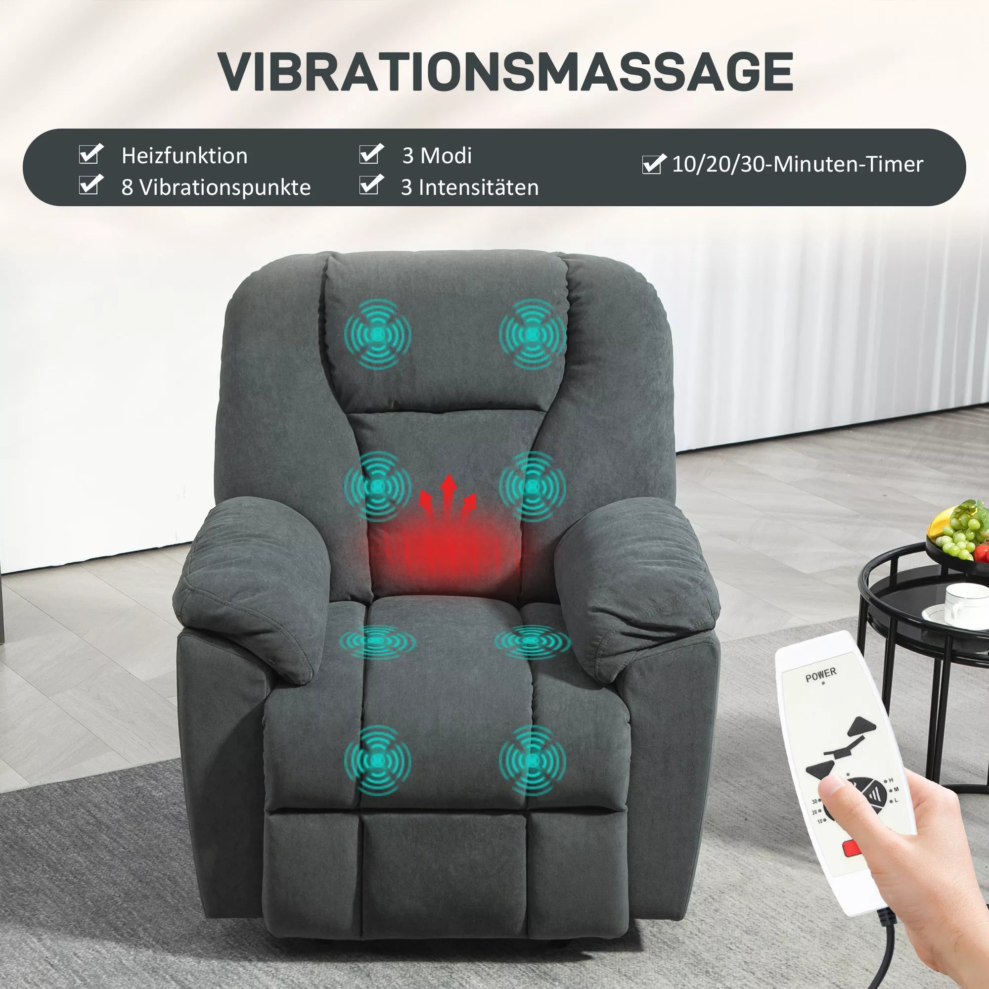 Informacinė grafika apie fotelio vibracinį masažą ir šildymą