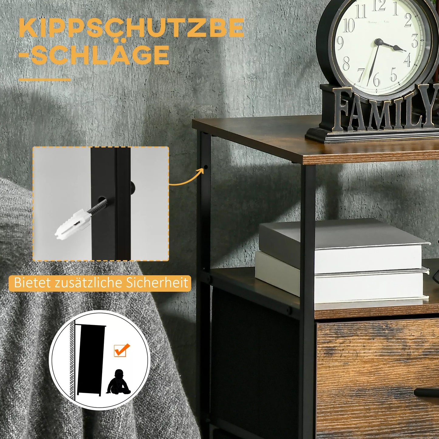 Svetainės spintelė, pagalbinė spintelė, medžiaginiai stalčiai, MDF, plieno rėmas, rudos spalvos