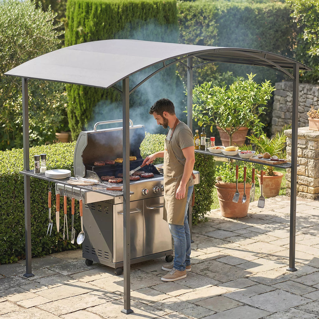 Grill paviljonas 2,4 x 1,5 m, ugniai atsparus sodo paviljonas su arkiniu stogu, šoninėmis lentynomis, kabliais, tamsiai pilkos spalvos