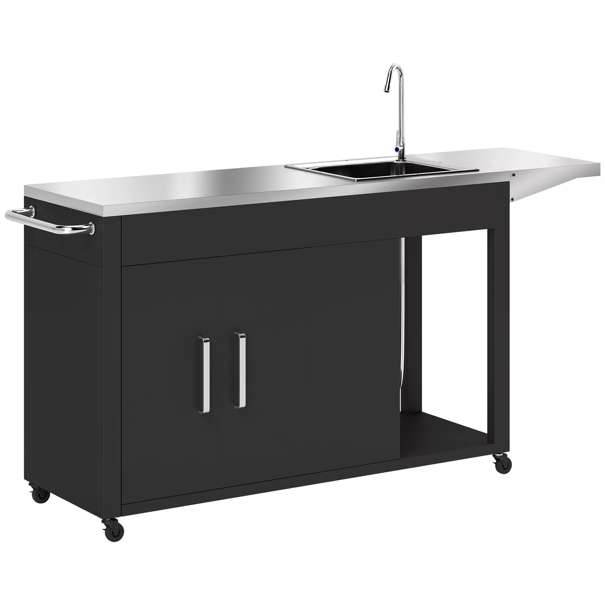 Grillwagen Servierwagen su darbo paviršiumi Šoninė lentelė Spintelė Kriauklė Ratai, nerūdijantis plienas 162,5x47x87cm Juoda