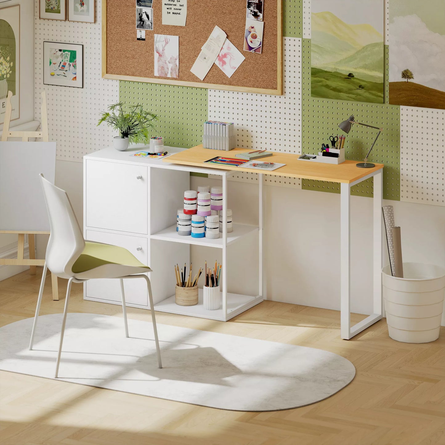 L formos rašomasis stalas, 360° kampinis pasukamas stalas su 2 sandėliavimo spintelėmis, 2 atviromis lentynomis, kompiuterio stalas mažoms erdvėms, darbo kambariui, svetainei, 150x40x75 cm, balta