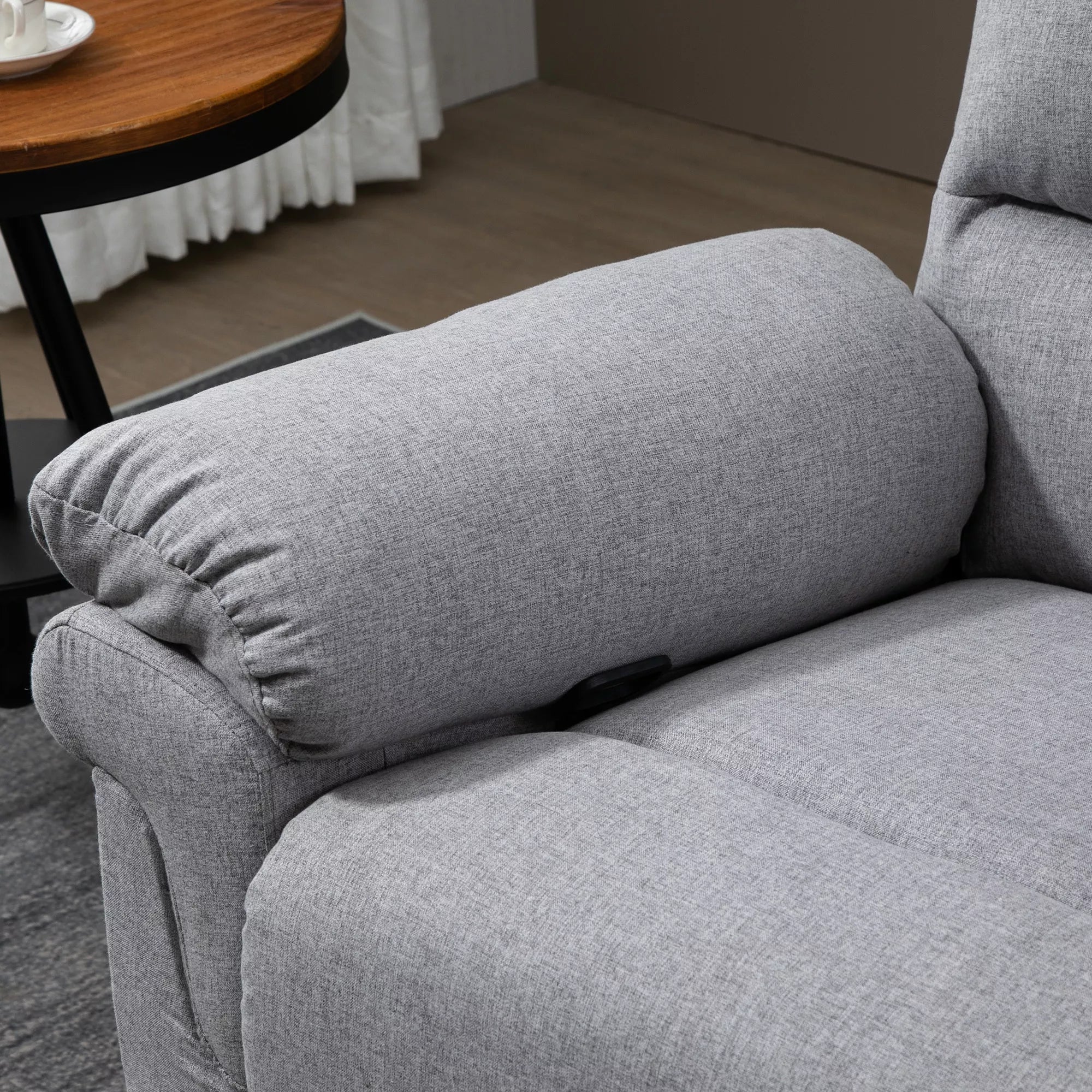 HOMCOM fotelis su atlošimo funkcija, vienvietė sofa, reguliuojamas, atsidaro 165°, poilsio fotelis, televizijos fotelis, skirtas svetainei, miegamajam, lininio audinio imitacija, šviesiai pilkos spalvos, 91 x 92 x 102 cm
