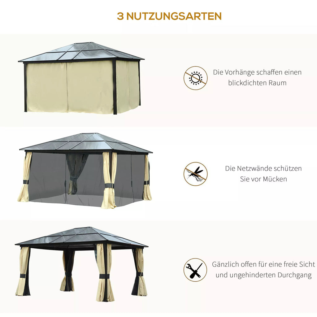 Sodo paviljonas su kietu stogu, 4,2 x 3,6 m, užuolaidos su tinkleliu nuo vabzdžių, aliuminio karkasas, rudos ir kreminės spalvos