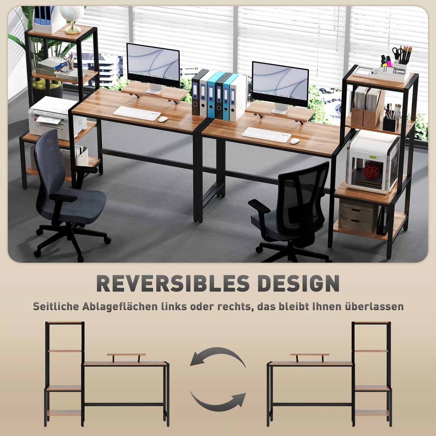 Kompiuterio stalas su monitoriaus laikikliu, rašomasis stalas su 4 pakopų lentyna, pramoninio dizaino, rudas