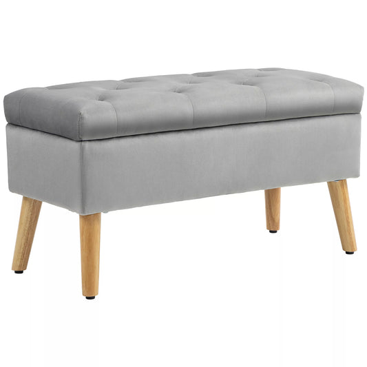 Minkštasuolis su daiktadėže, velveto imitacijos audinio užvalkalas, medinės kojos, skirta svetainei, miegamajam, koridoriui, 80 x 35 x 42 cm, pilka