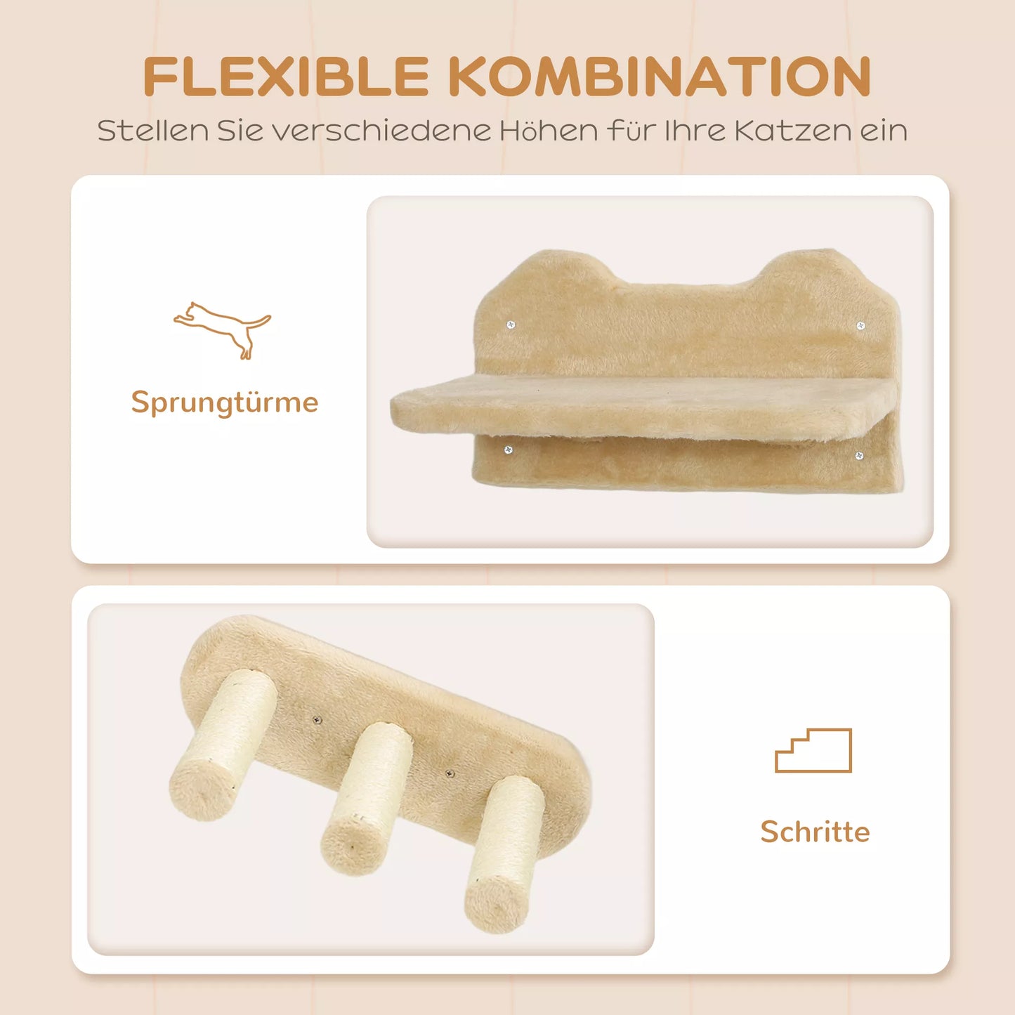 Kačių laiptelių komplektas, tvirtinama prie sienos ir lubų, katėms iki 5 kg, smėlio spalvos