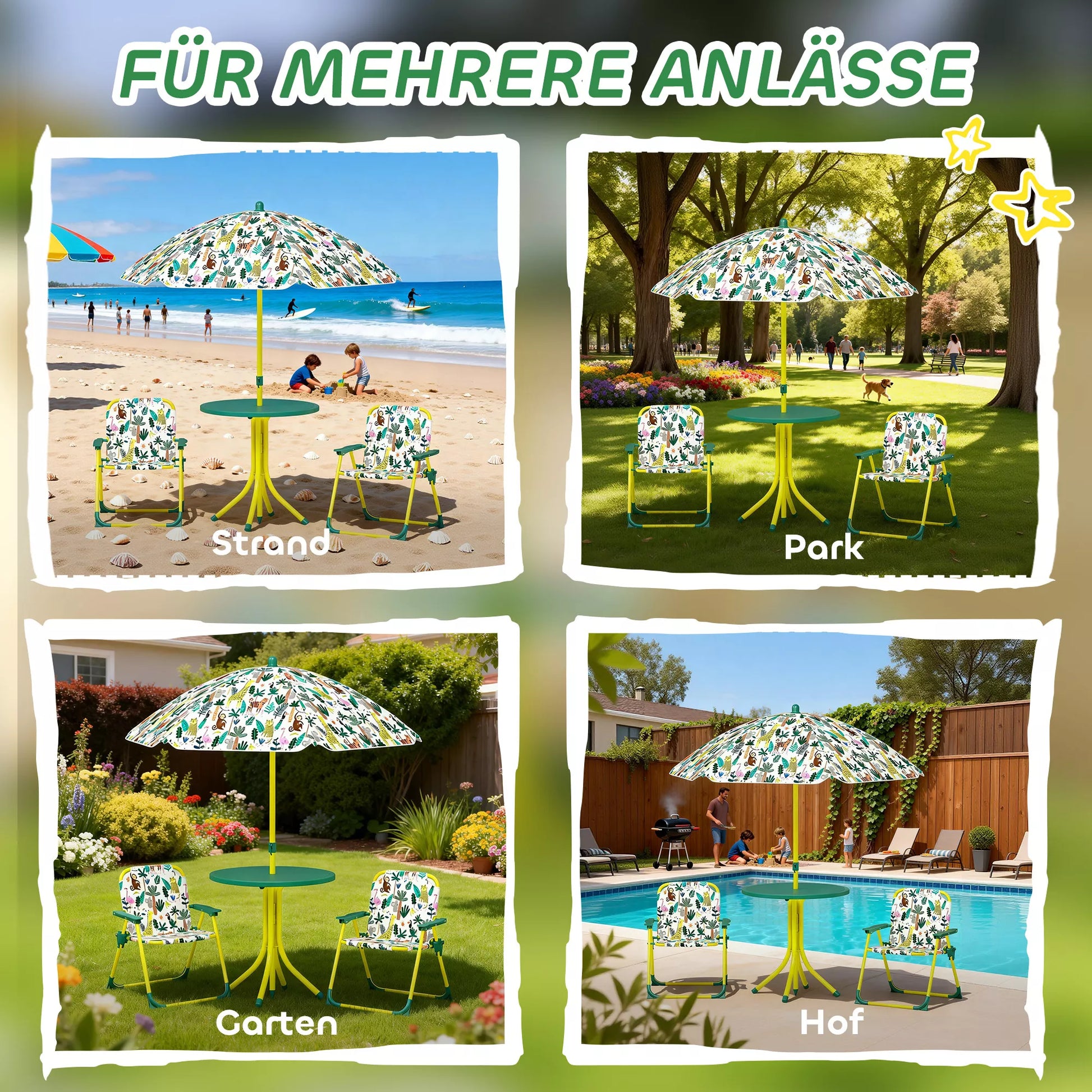 Vaikiškų baldų komplektas, 4 dalių baldų rinkinys su nuimamu skėčiu nuo saulės ir 2 sulankstomomis kėdėmis, plienas ir tekstilė bei plastikas, žalia