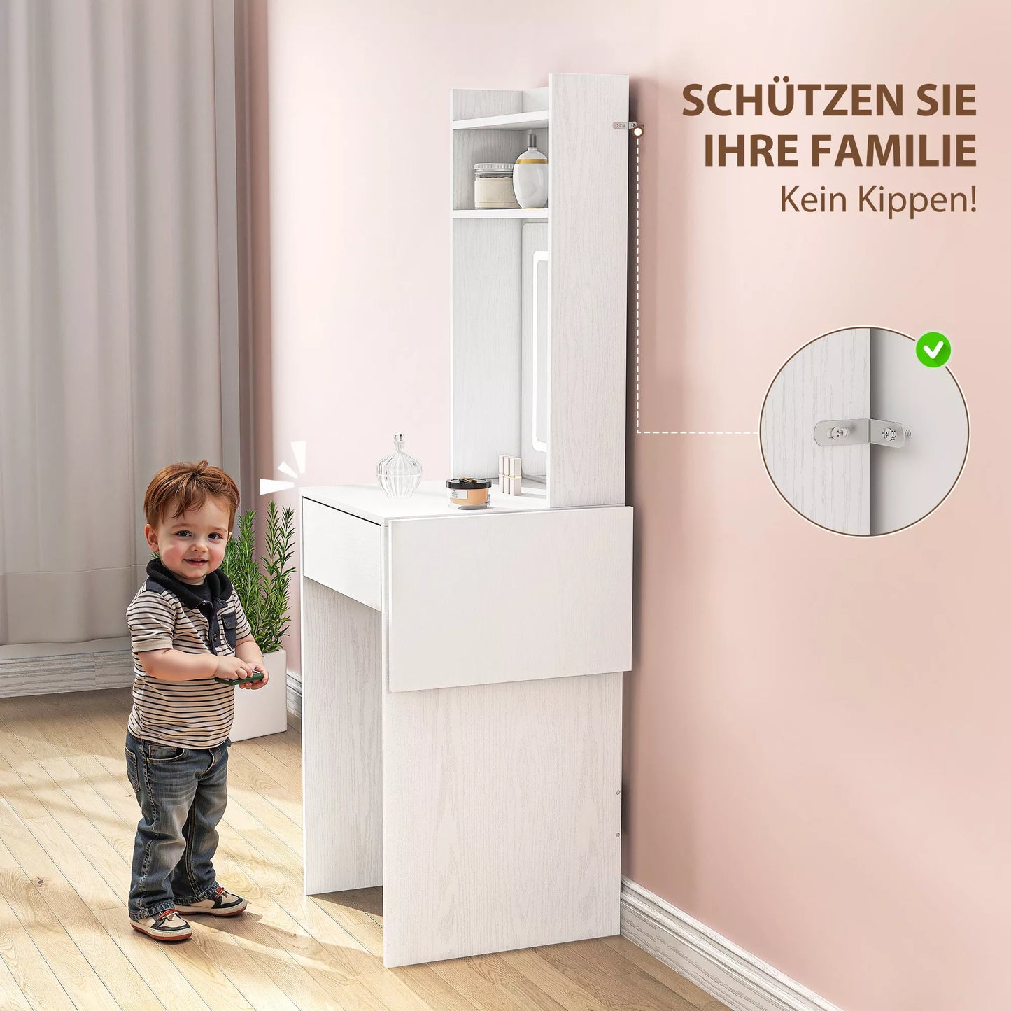 Kompaktiškas tualetinis staliukas su veidrodžiu ir LED apšvietimu, sulankstomas stalviršis, atviros lentynos, stalčius, MDF, baltas