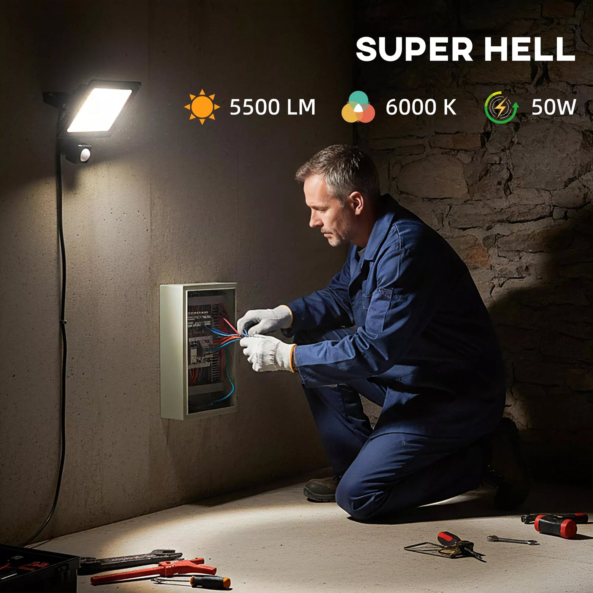 50 W darbo lempa, reguliuojama, 3 režimai, aliuminis, lankstus naudojimas, juoda