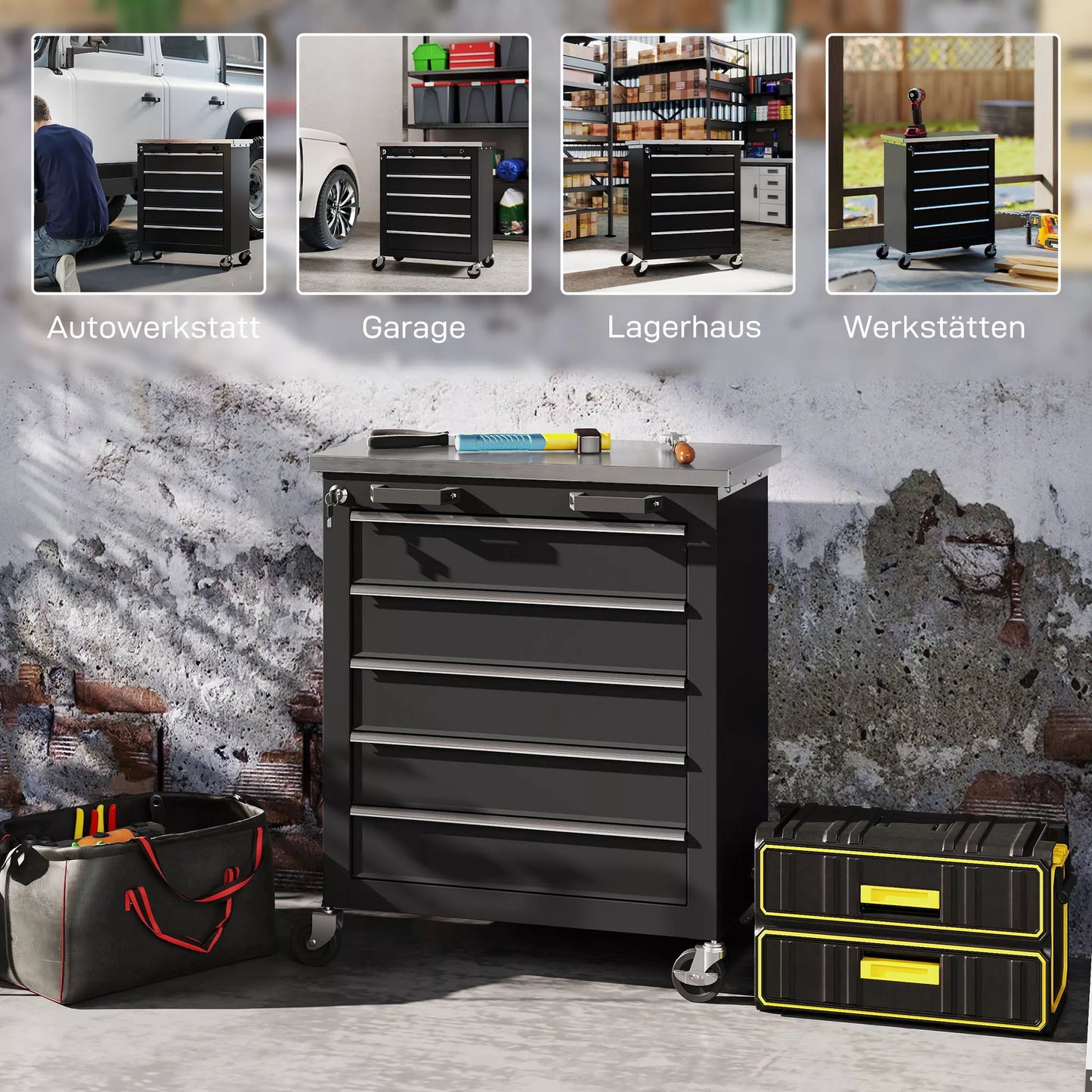 Įrankių vežimėlis su 5 stalčiais, ratinė įrankių dėžė, plieninis įrankių spintelė, sidabro+juoda