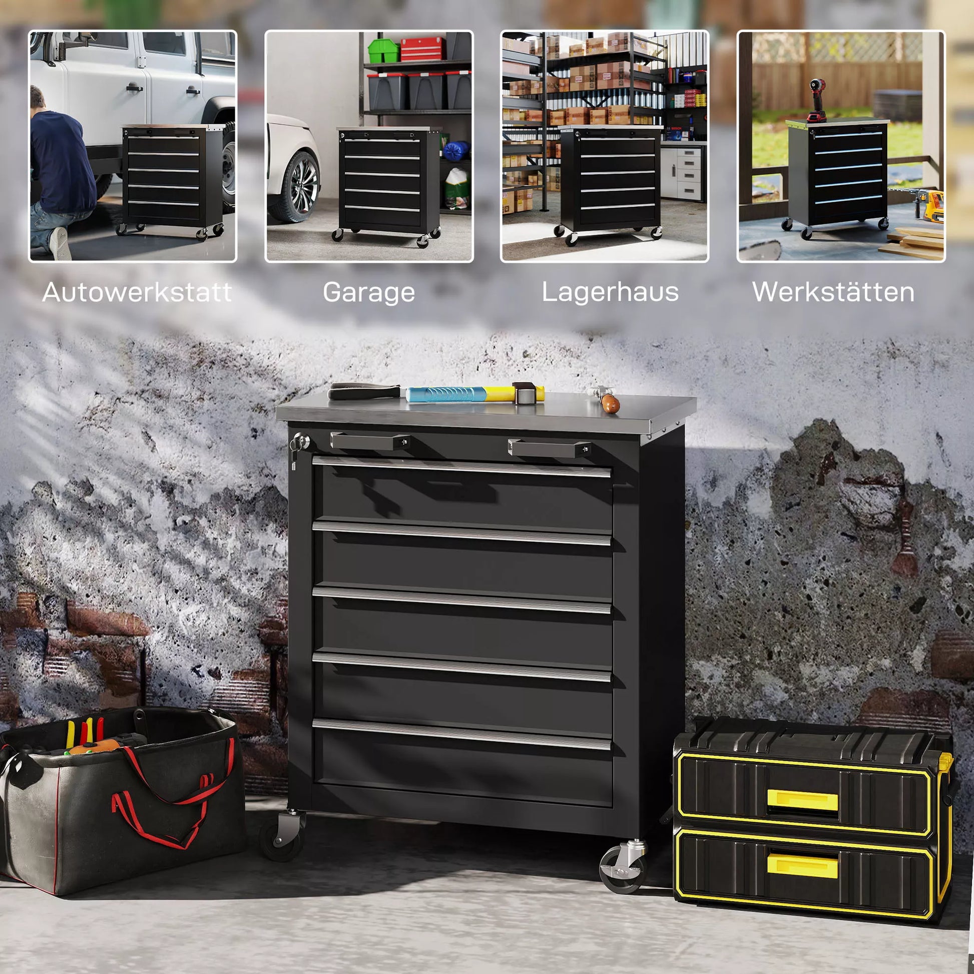 Įrankių vežimėlis su 5 stalčiais, ratinė įrankių dėžė, plieninis įrankių spintelė, sidabro+juoda