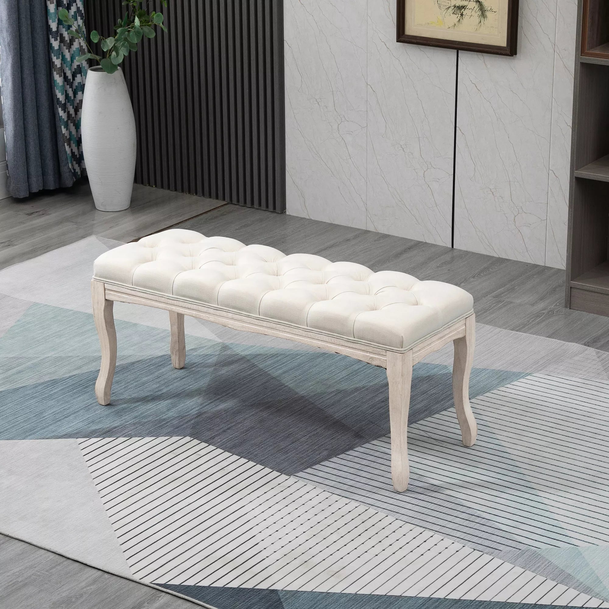 Suoliukas su lininiu apmušalu ir medinėmis kojelėmis, 110 cm, smėlio spalvos