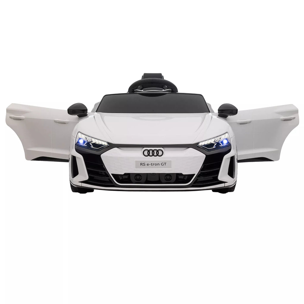 Vaikų elektrinis automobilis „Audi RS e-tron GT“ su saugos diržu, nuotolinio valdymo pultu, žibintais, muzikos funkcija, baltas, 103 x 58 x 41 cm