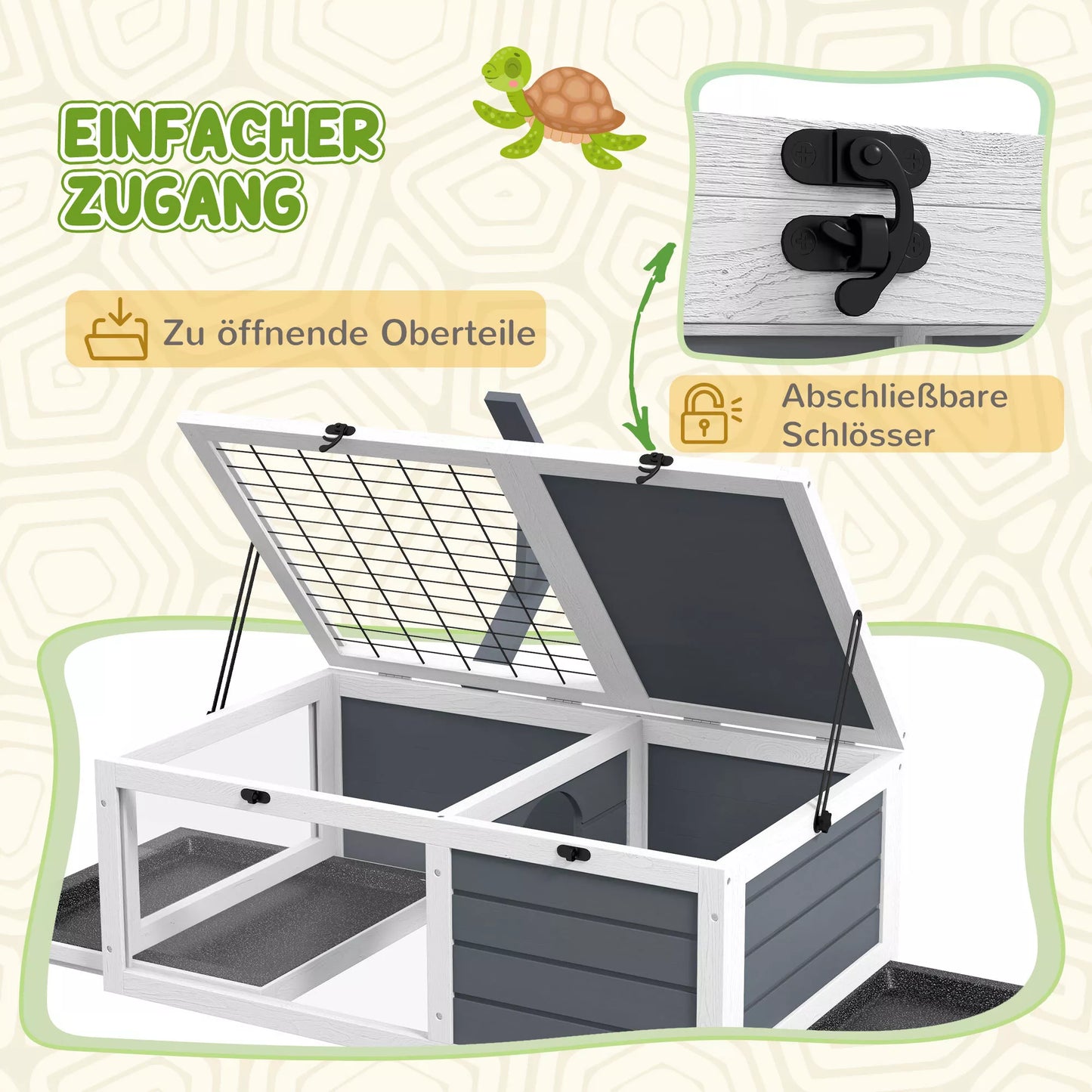 Vėžlių namelis, roplių dėžė su 2 kambariais, dangčiu, plastikiniais dubenėliais, langais, medžiu, pilka spalva