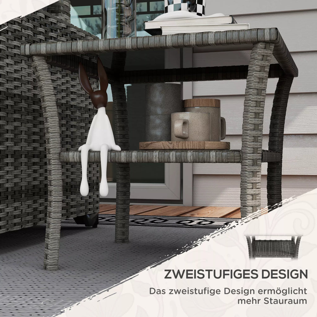 Polyrattan sodo stalas, 50 x 50 x 45 cm, atsparus atmosferos poveikiui, pagalbinis stalas 4 asmenims, kvadratinis su stikliniu stalviršiu