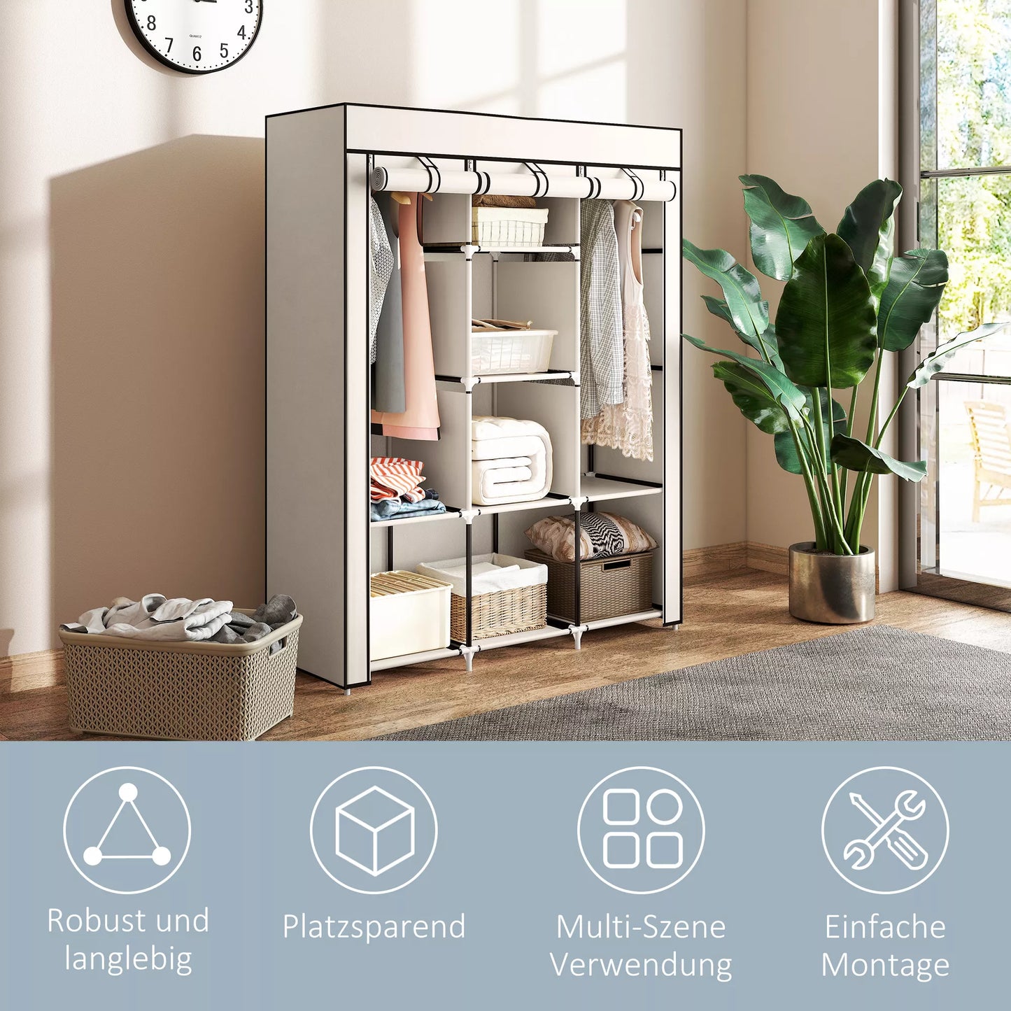 Audinio spinta, sprendimas laikymui, 8 lentynos, 2 drabužių kabyklos, kreminės baltos