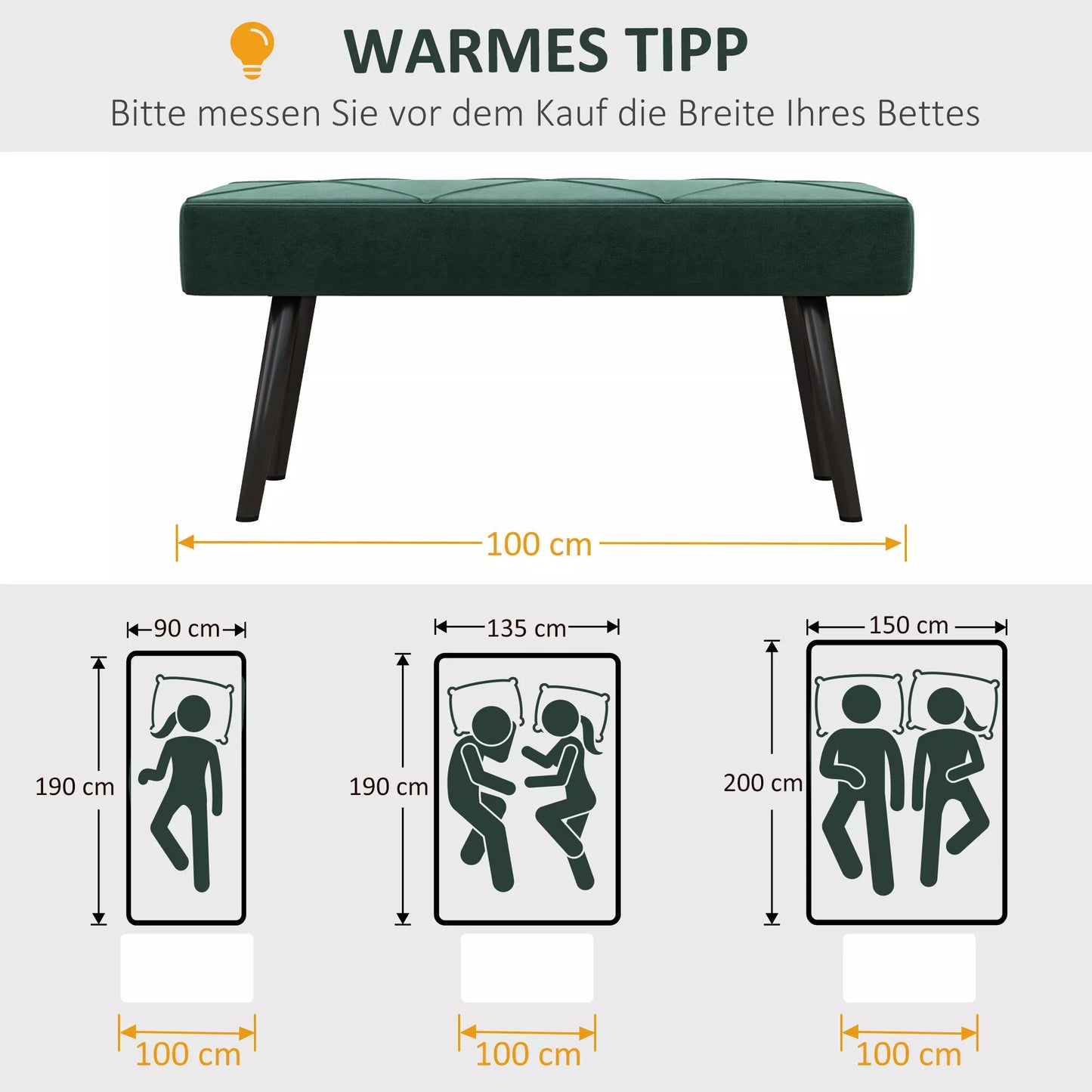 Sėdimasis suoliukas, minkštas suoliukas, suoliukas prie lovos, zomšo išvaizda, 100 x 36 x 45 cm, žalias