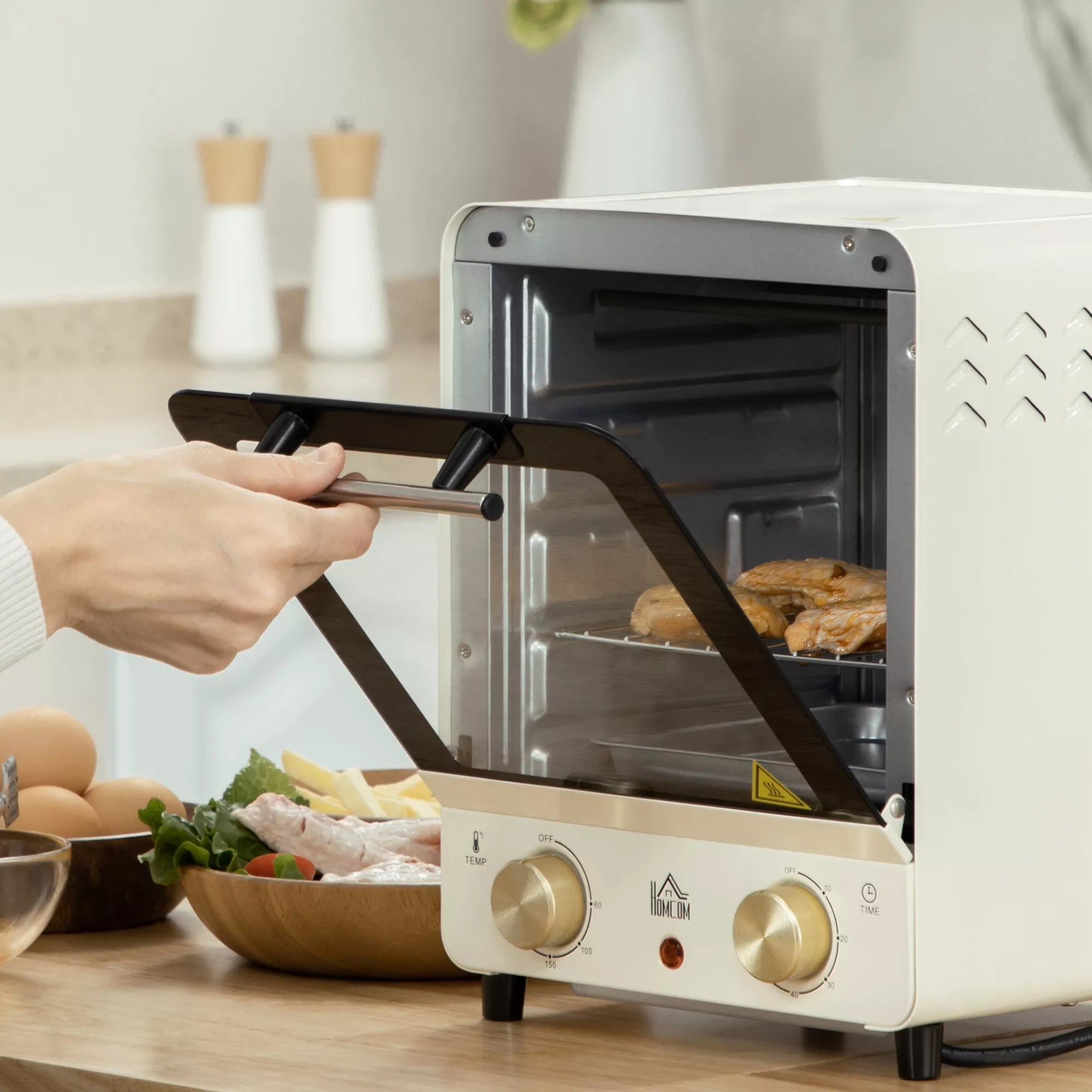 Mini orkaitė, 15 l talpa, aukščio reguliuojama kepimo skarda ir grotelės, 1000 W, kreminė balta spalva