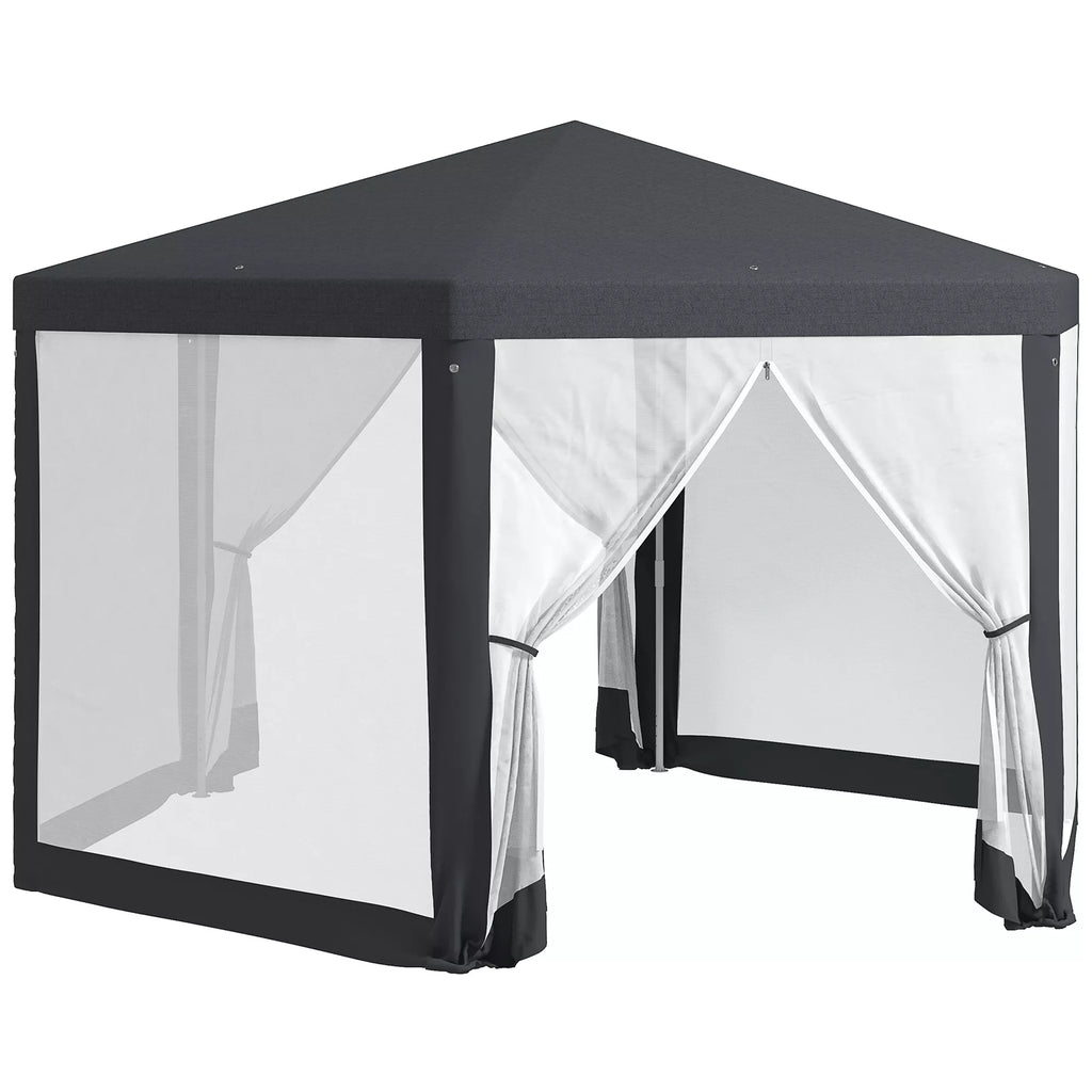 Sodo pavėsinė, šešiakampė, tinklinės užuolaidos, metalinis rėmas, 3,94 x 3,412 x 2,5 m, tamsiai pilka