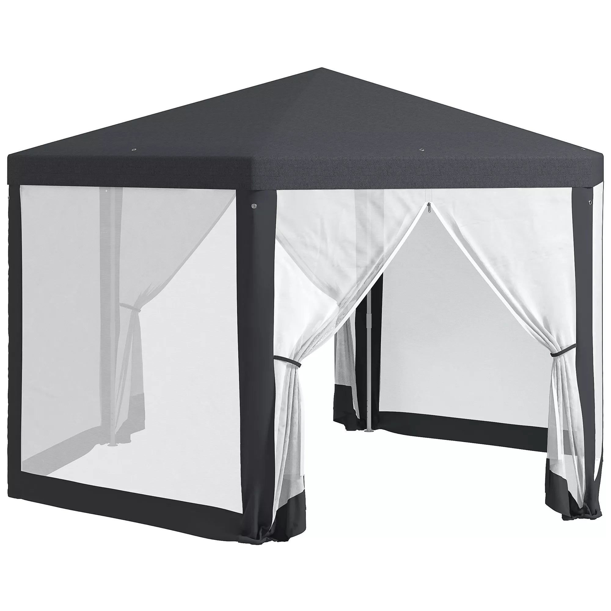 Sodo pavėsinė, šešiakampė, tinklinės užuolaidos, metalinis rėmas, 3,94 x 3,412 x 2,5 m, tamsiai pilka