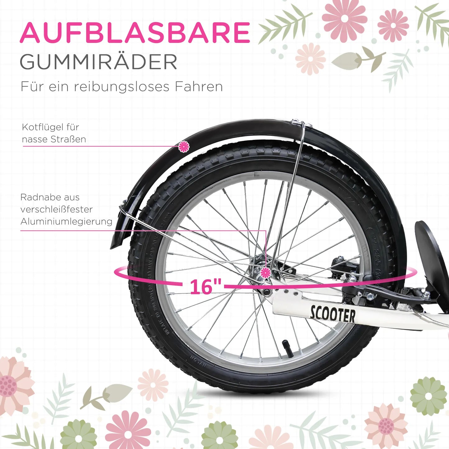 Vaikų paspirtukas su stabdžiais, krepšeliu, reguliuojamu aukščiu, skirtas vaikams nuo 5 iki 12 metų, baltos ir rožinės spalvos