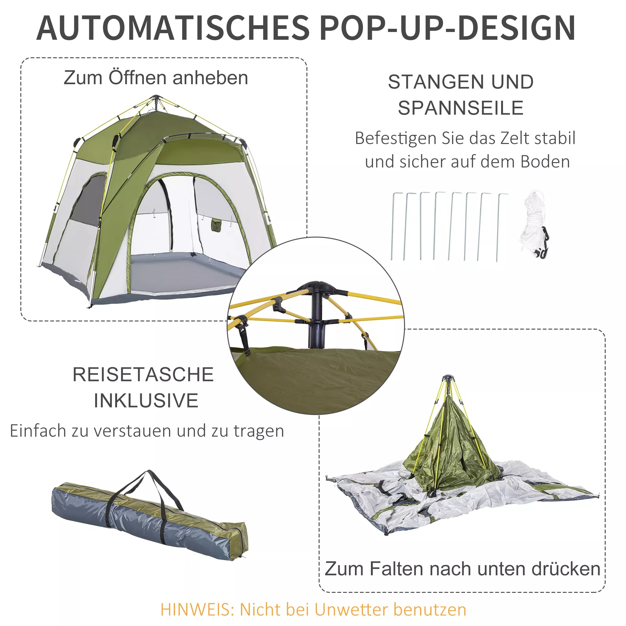 Schema su automatiniu pop-up palapinės surinkimu ir krepšiu