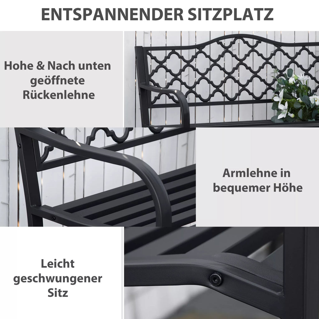 Sodo suolas 2 vietų metalinis parko suolas Suolas iki 240 kg Suolas Terasos suolas su atlošais ir porankiais Sodo baldai Ketus Juodas 128 x 58,5 x 89 cm