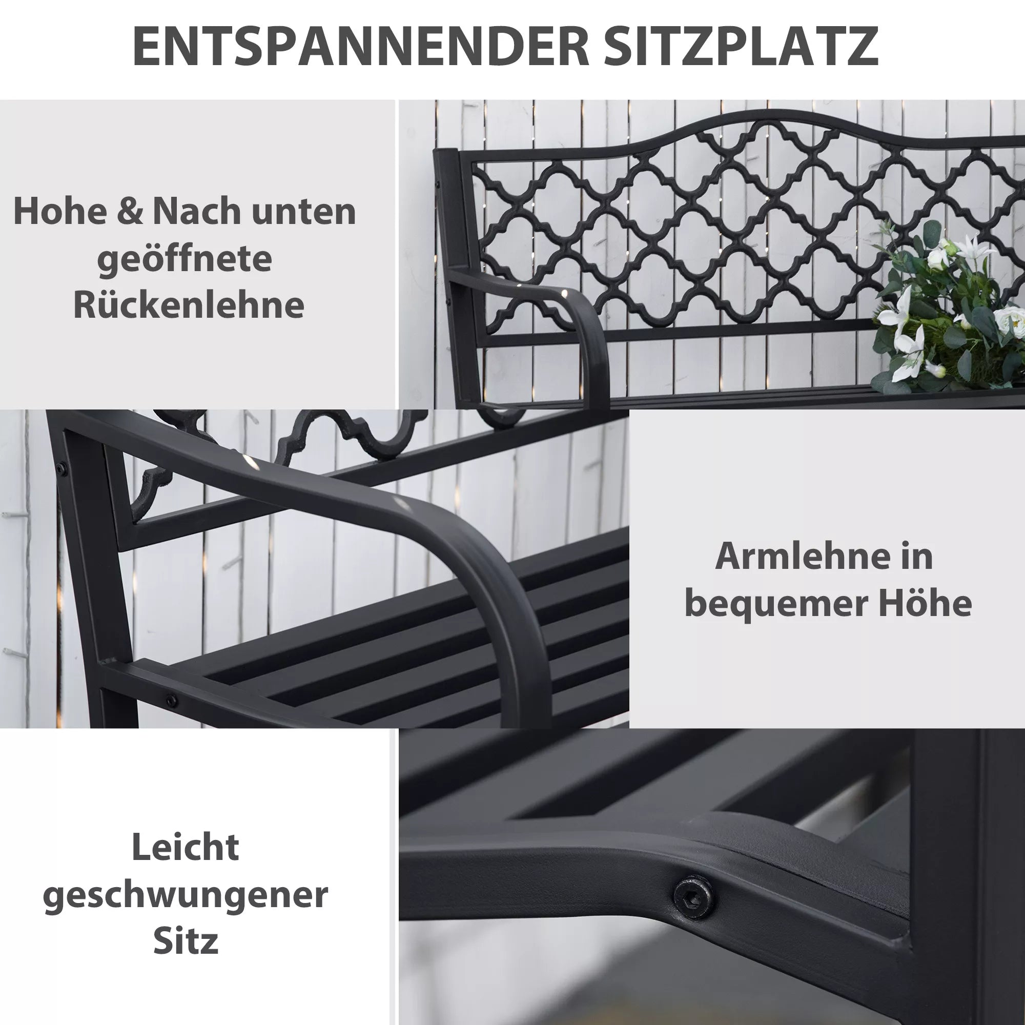 Sodo suolas 2 vietų metalinis parko suolas Suolas iki 240 kg Suolas Terasos suolas su atlošais ir porankiais Sodo baldai Ketus Juodas 128 x 58,5 x 89 cm