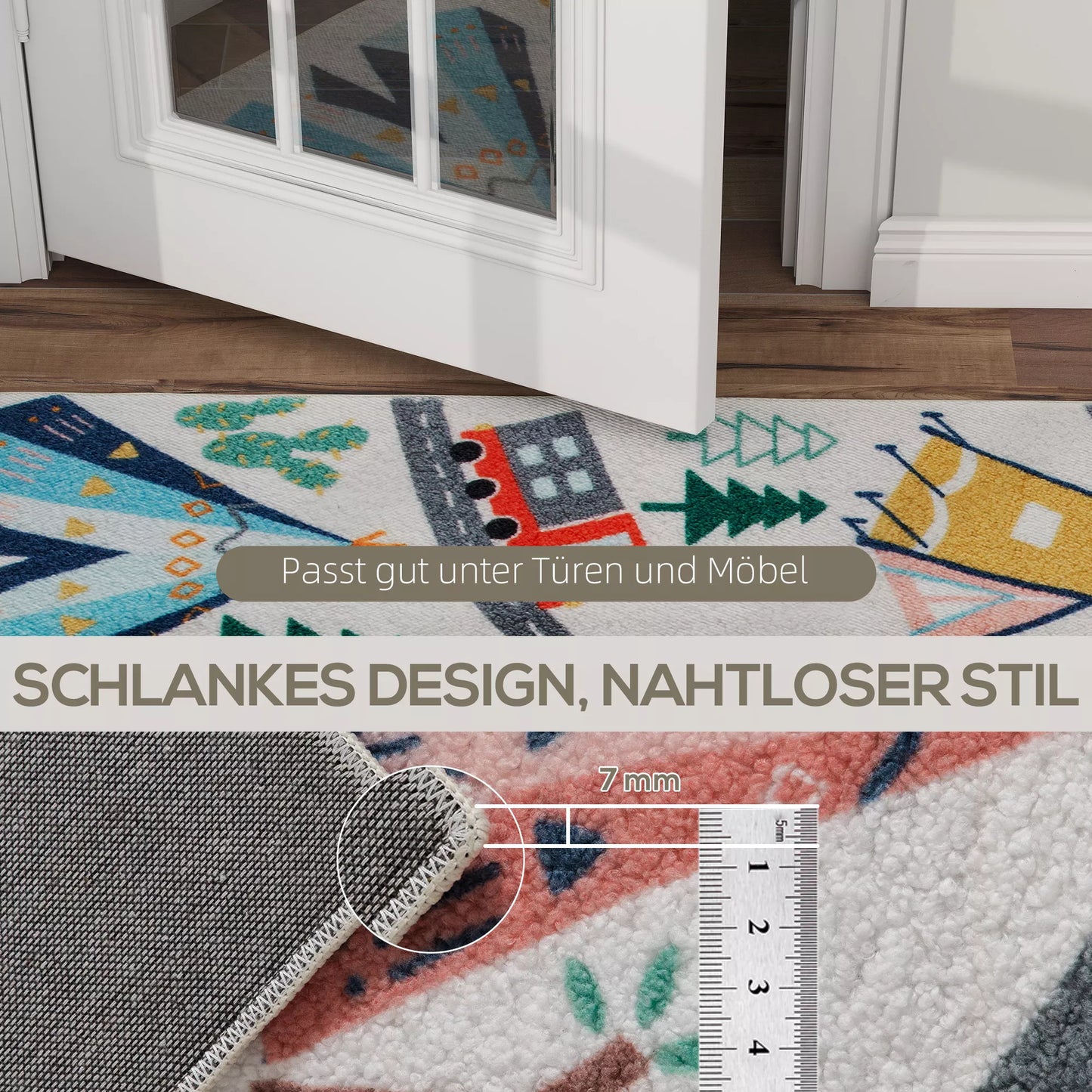 Kilimas su automagistralės raštu, baltas fonas, minkštas flisas, lengvai prižiūrimas, spalvingas