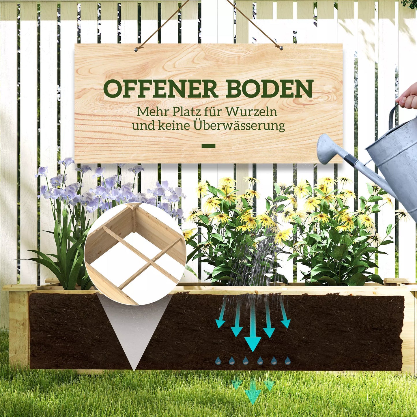 Paaukštinta lysvė, sodinimo dėžė, 2 dalių, atviras dugnas, natūralaus medžio rėmas, paprastas surinkimas, 237 x 60 x 25cm