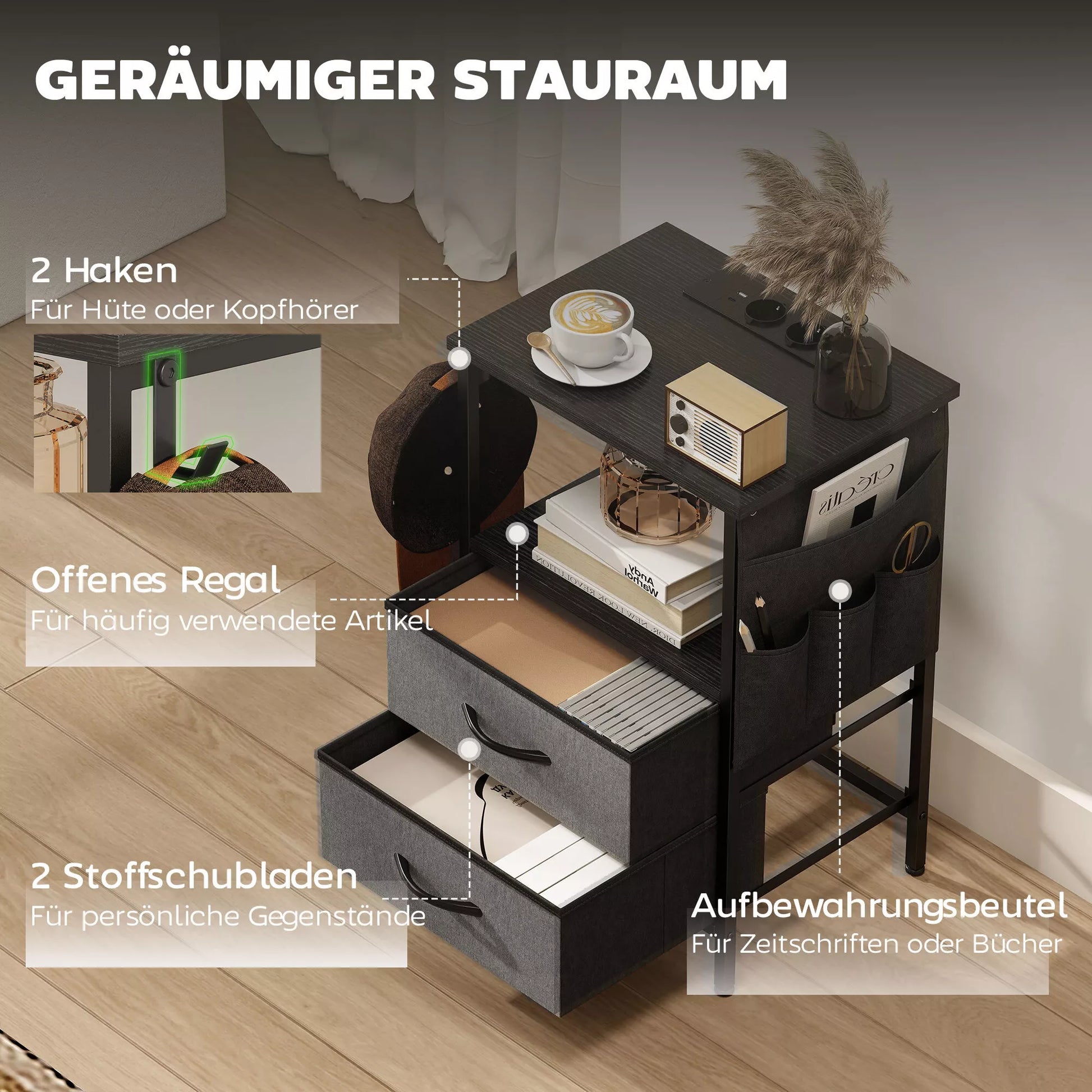 Staliukas su įkrovimo stotele, plieninis rėmas, USB-C jungtys, stalčiai, kabliai, 40 cm x 30 cm x 60 cm, juodas