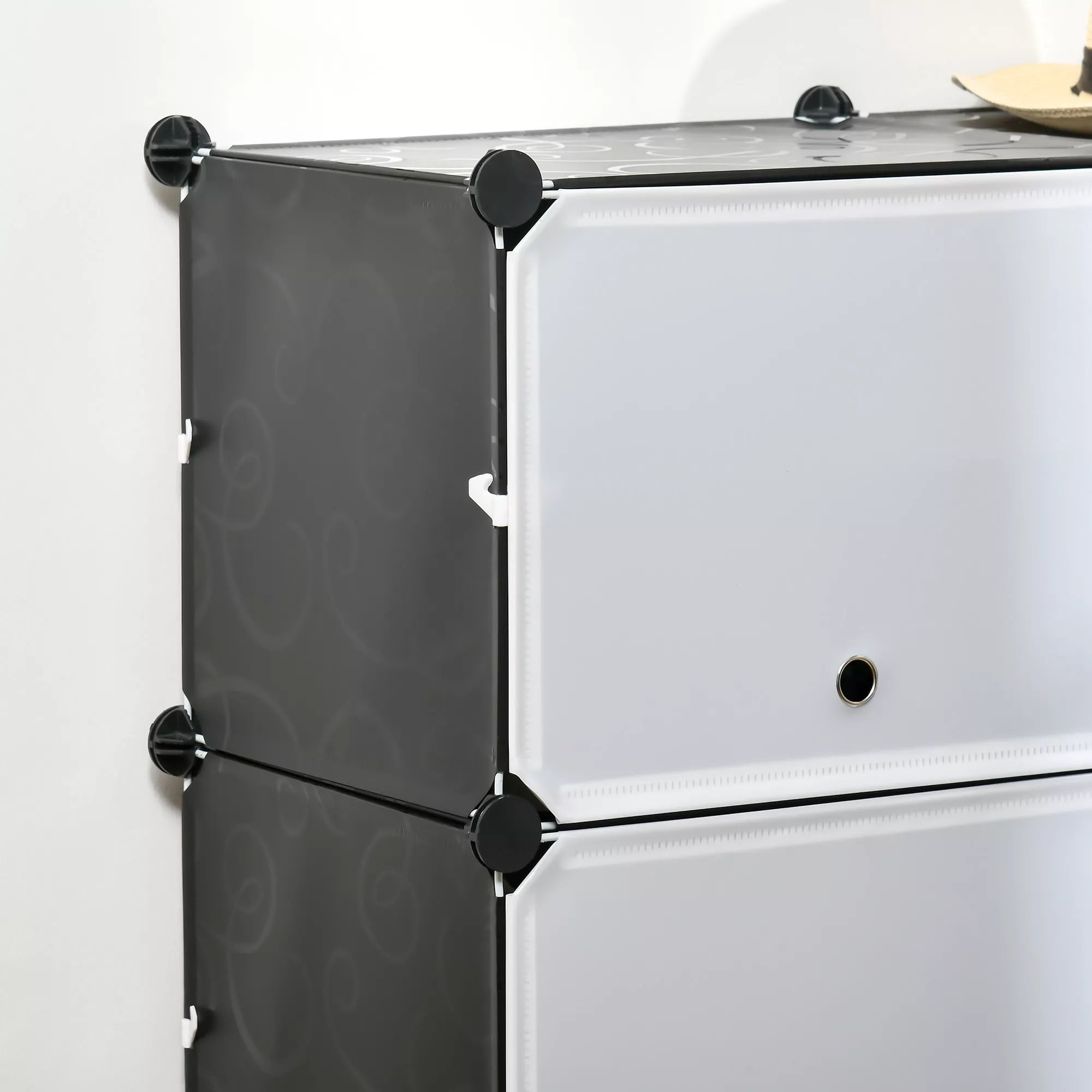 Modulinė lentynų sistema, 12 stalčių, 125 x 32 x 125 cm, juoda ir balta