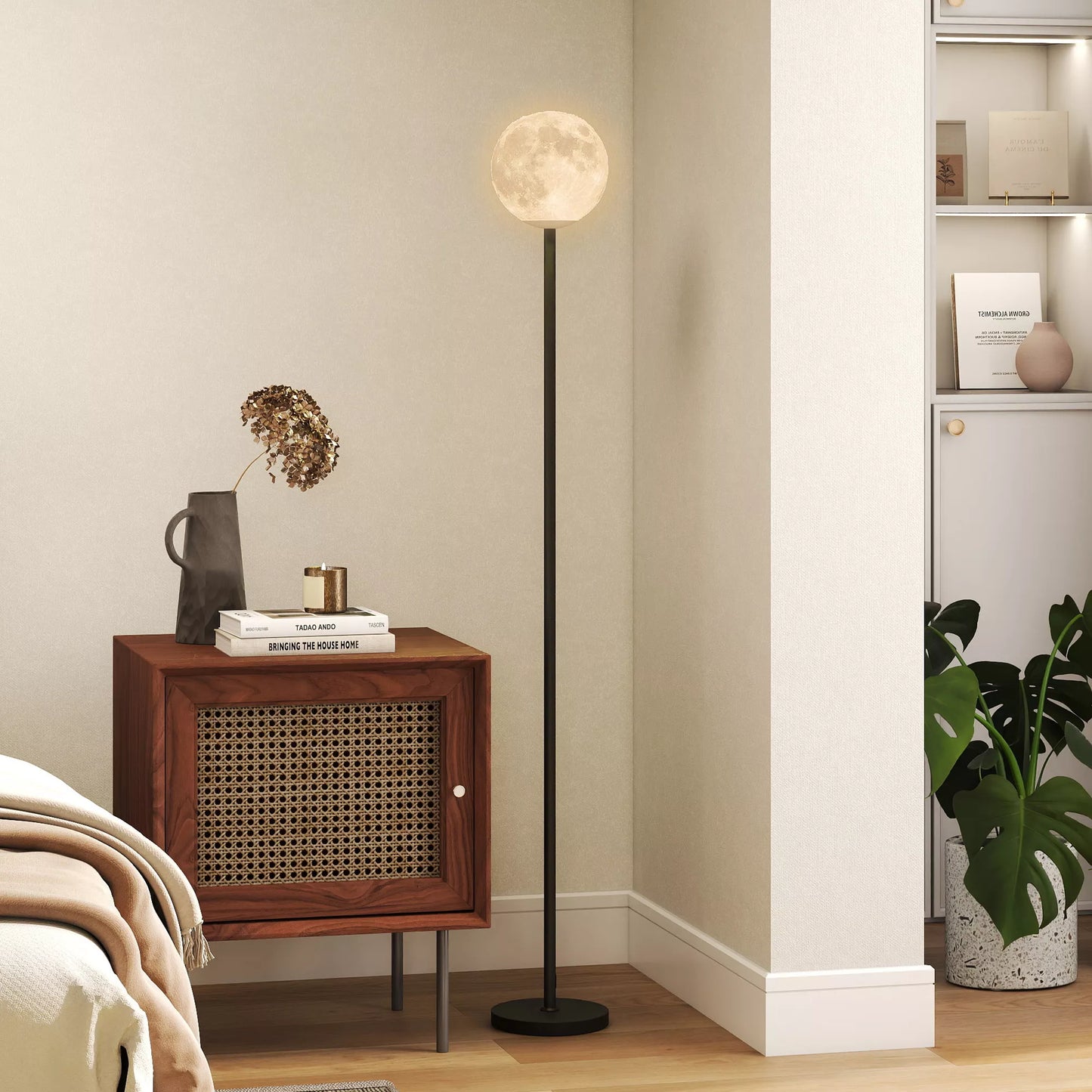 Pastatomas šviestuvas su mėnulio dizaino gaubtu, kojiniu jungikliu, 3 spalvų temperatūromis, metalas, juodas