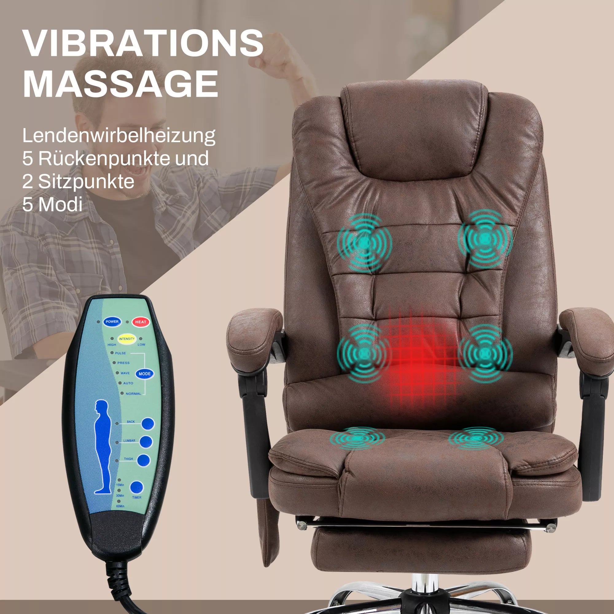 Masažinė biuro kėdė, atlošimo ir šildymo funkcija, pasukama, ergonomiška, iki 120 kg, ruda